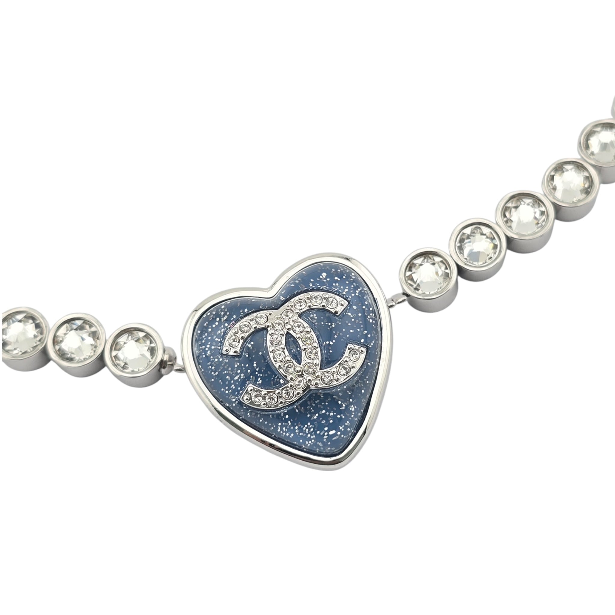 Chanel CC Faux Pearl Crystal Blue Heart Necklace 2025