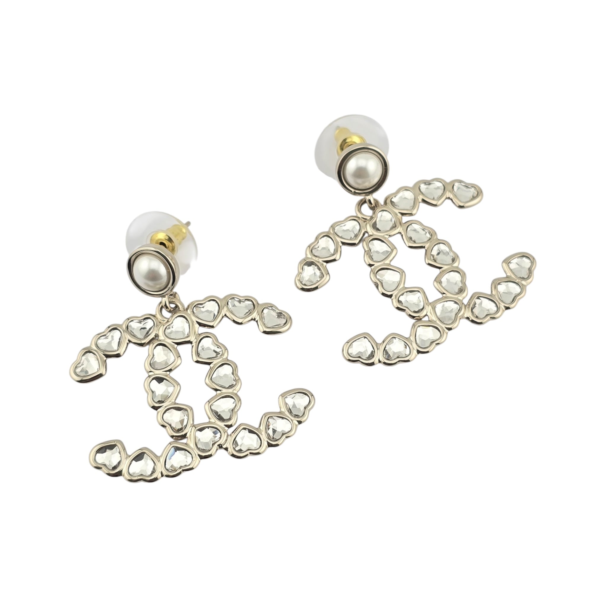 Chanel CC Pearl Crystal Heart Drop Earrings Gold 2025