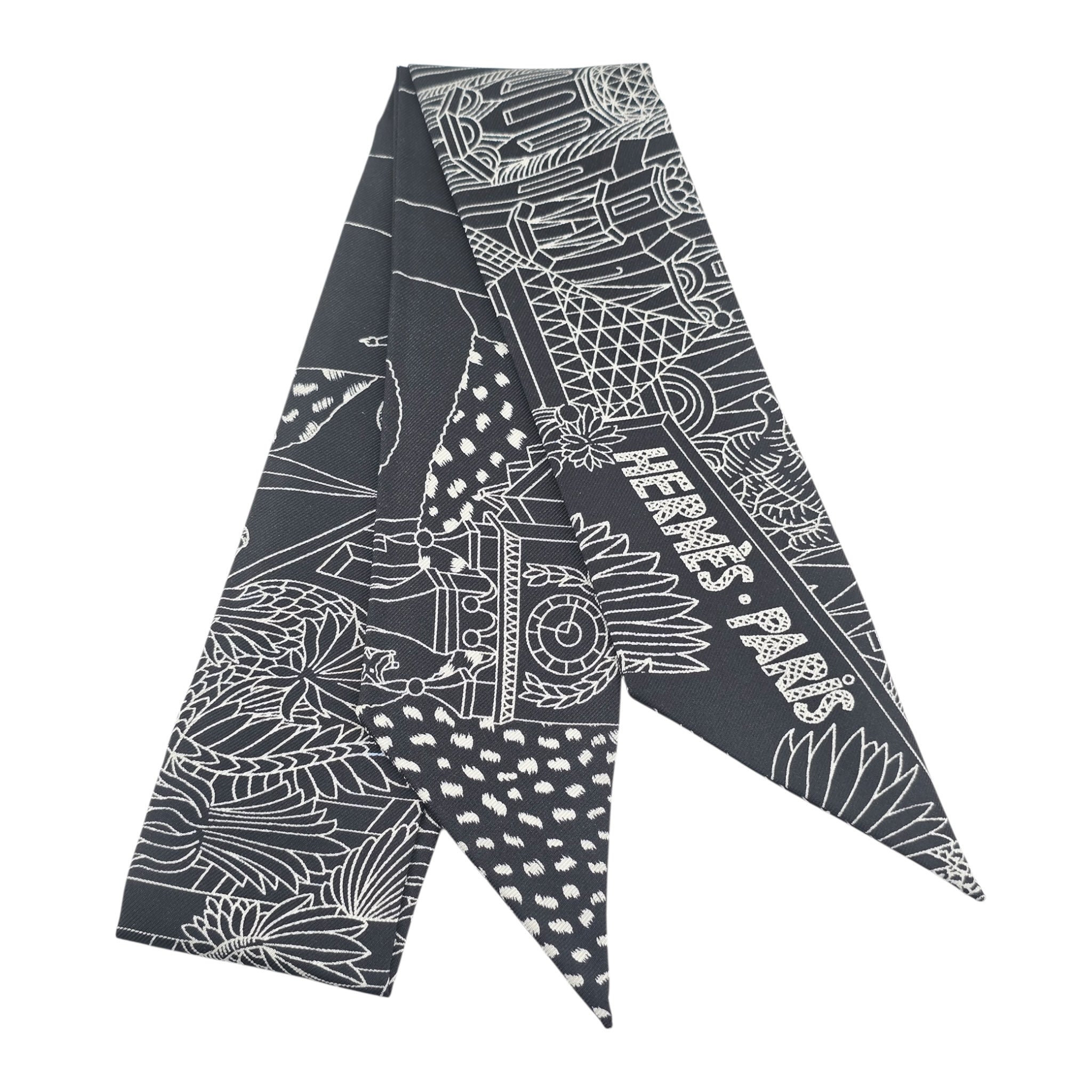 Hermes Silk Animapolis Twilly Black White