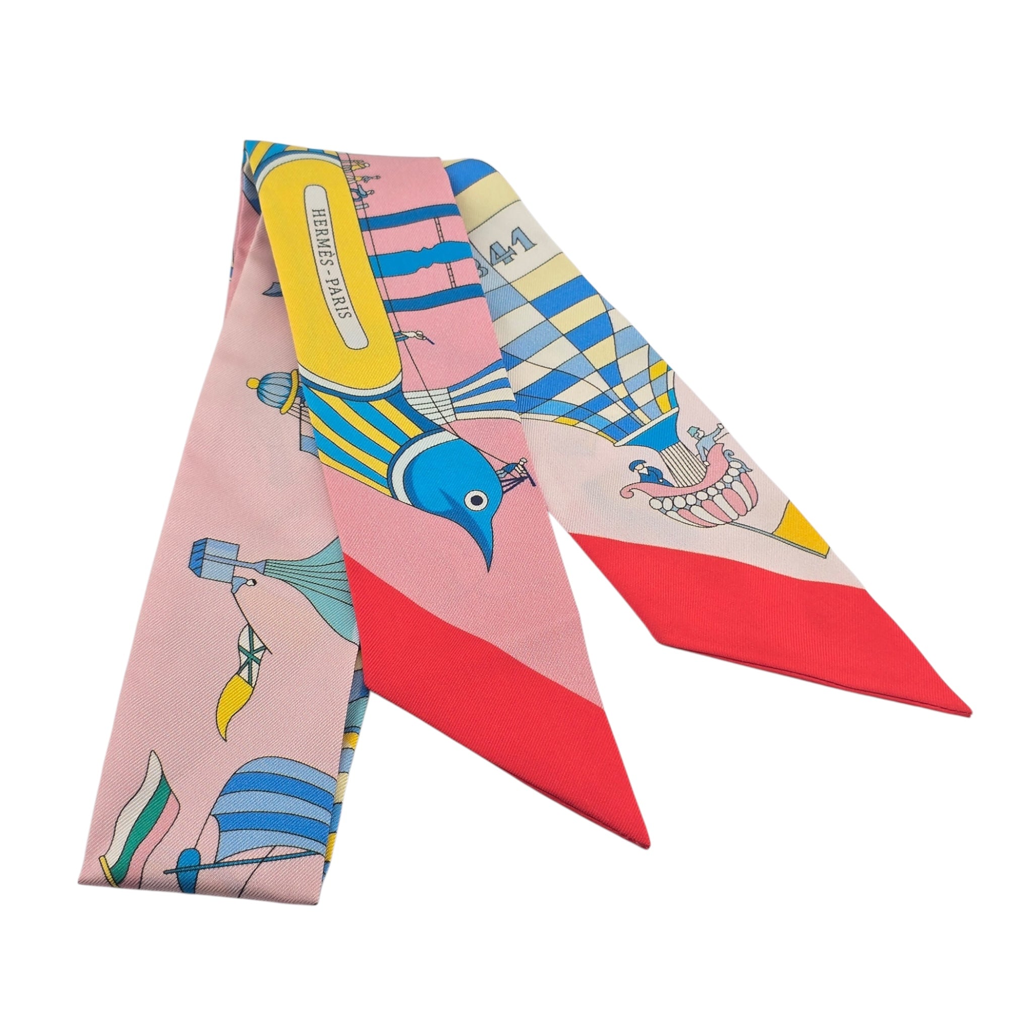Hermes Silk Les Folies Du Ciel Twilly Rose Bleu Jaune Vif
