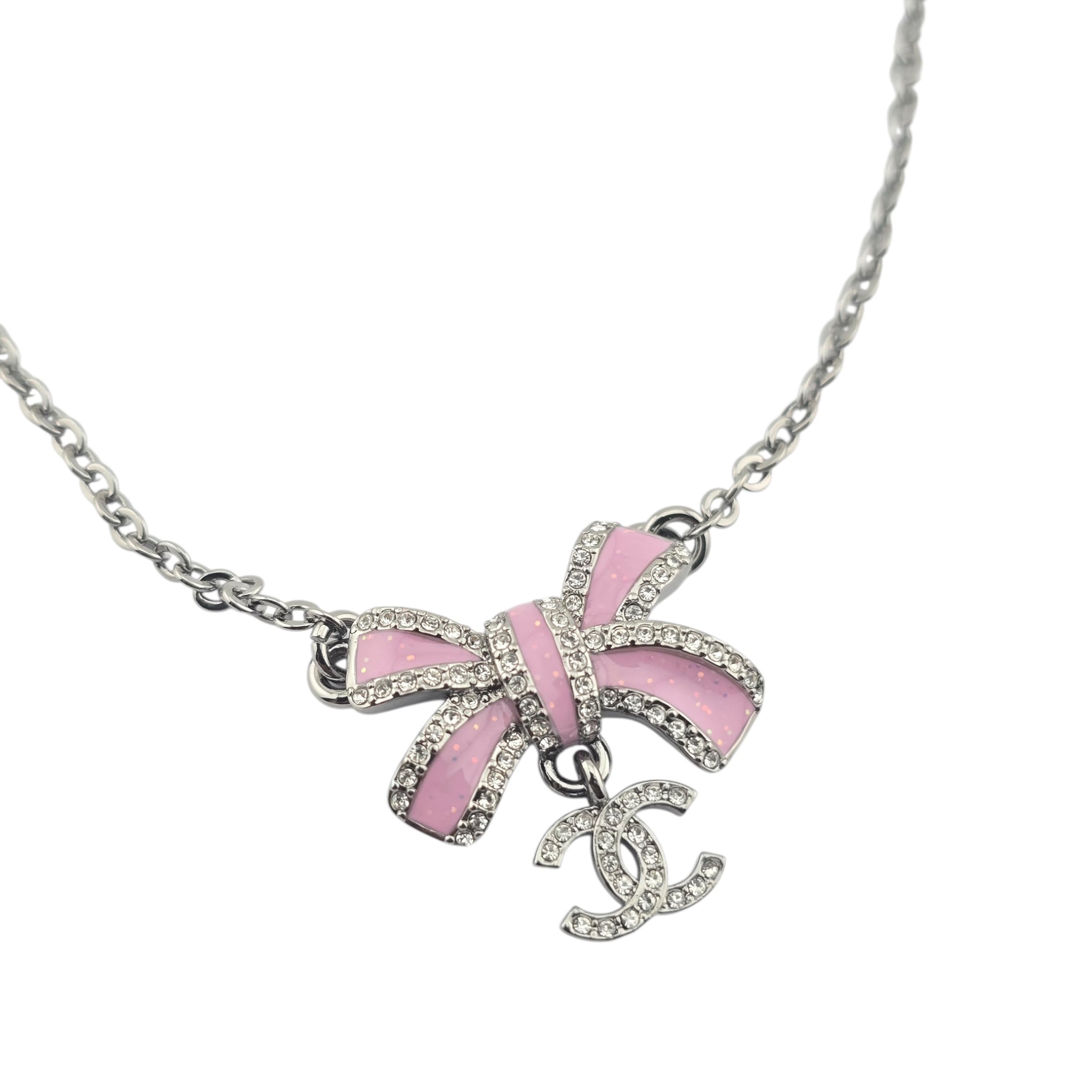 Chanel CC Silver Crystal Enamel Bow Necklace 2025