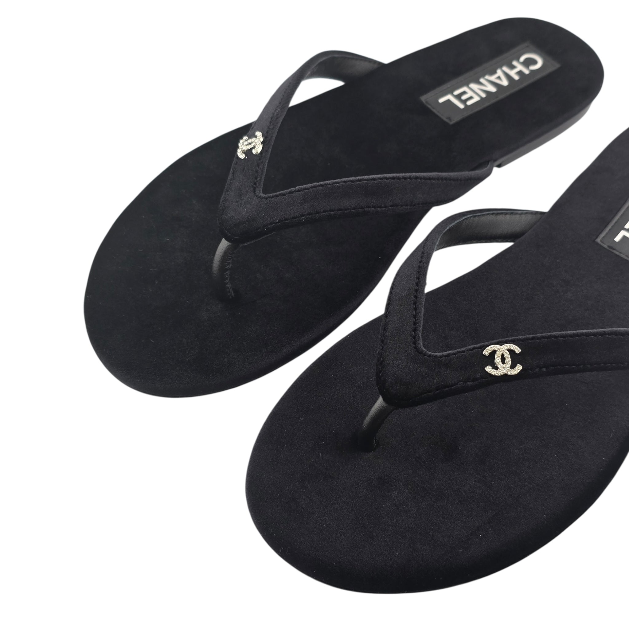 Chanel CC Black Velvet Crystal Thong Sandals 39