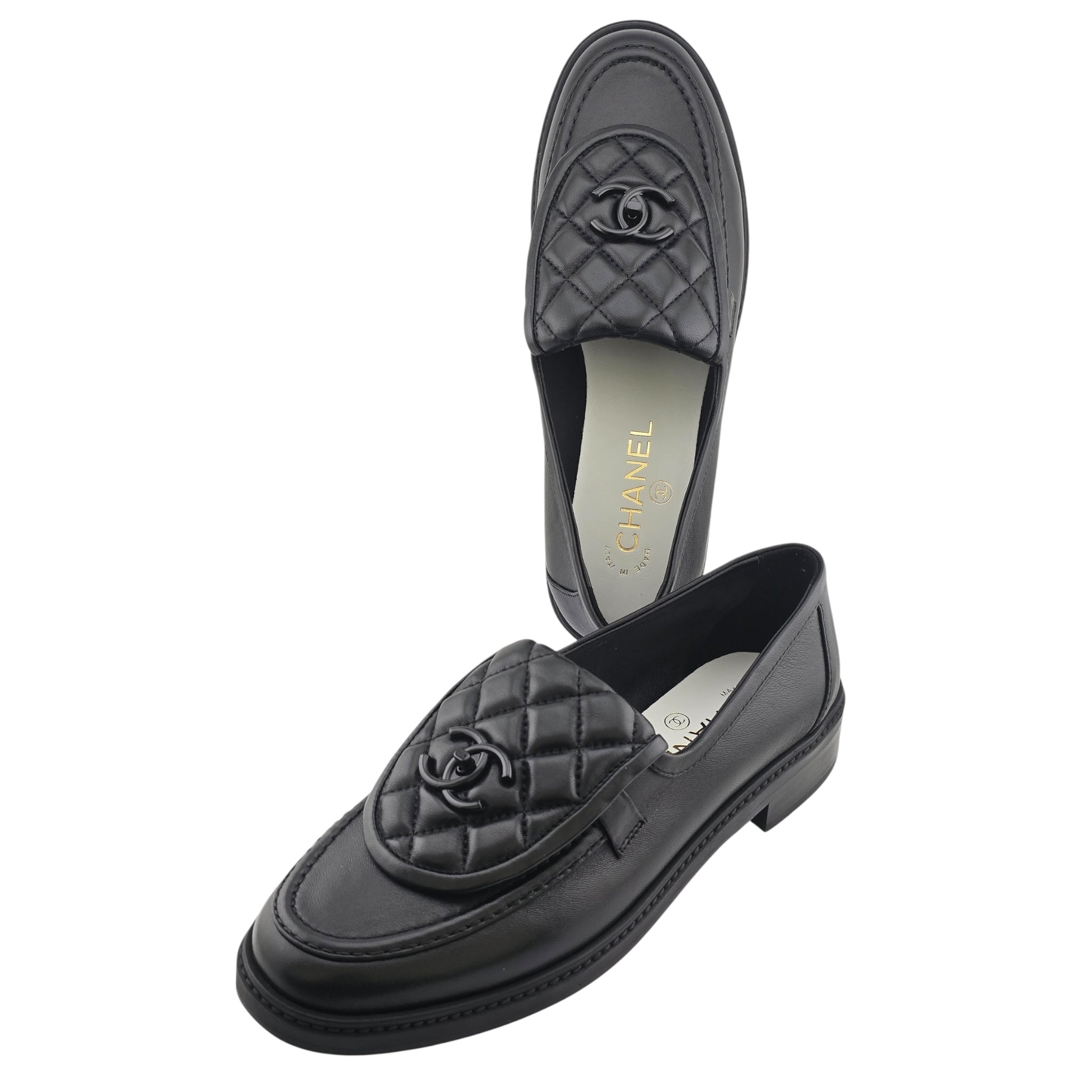 Chanel CC Lambskin Quilted Turnlock Loafers Black 39