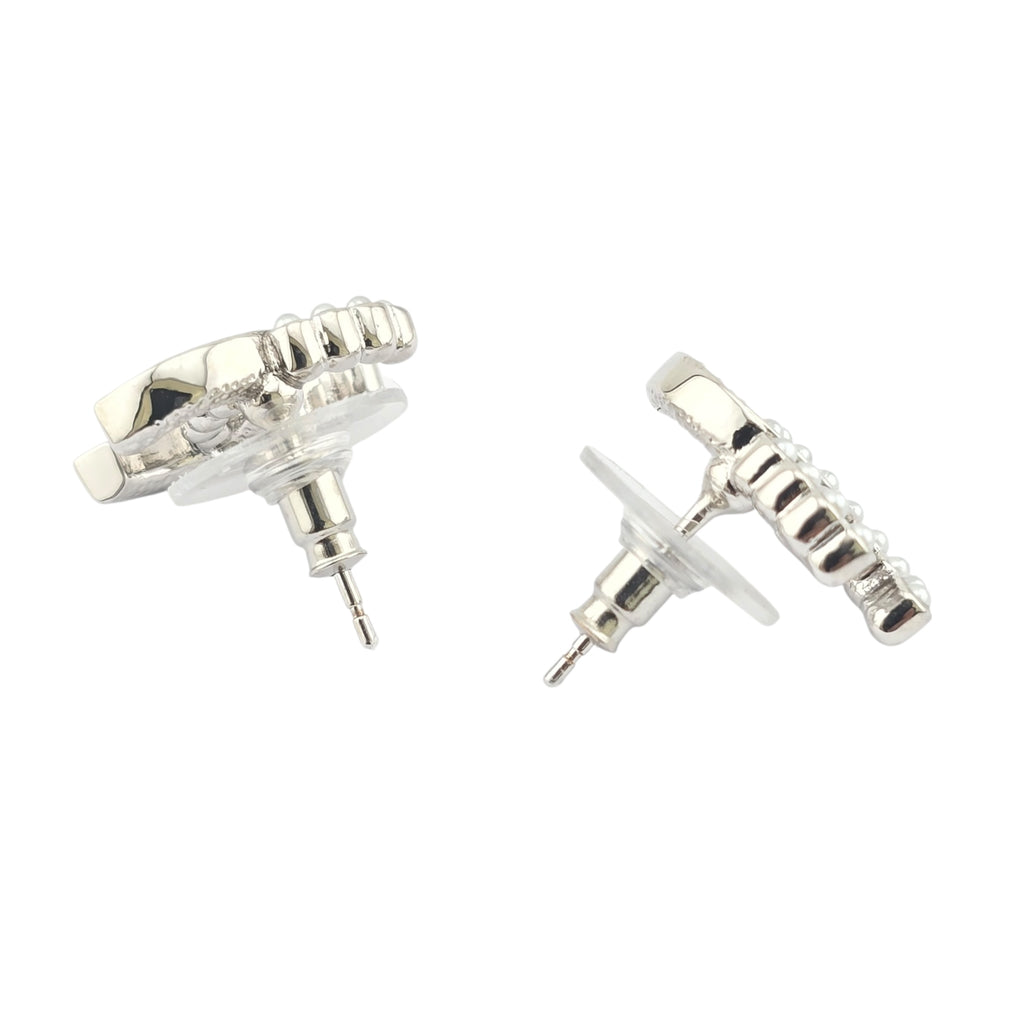 Chanel Pearl Crystal CC Earrings Silver Pearly White