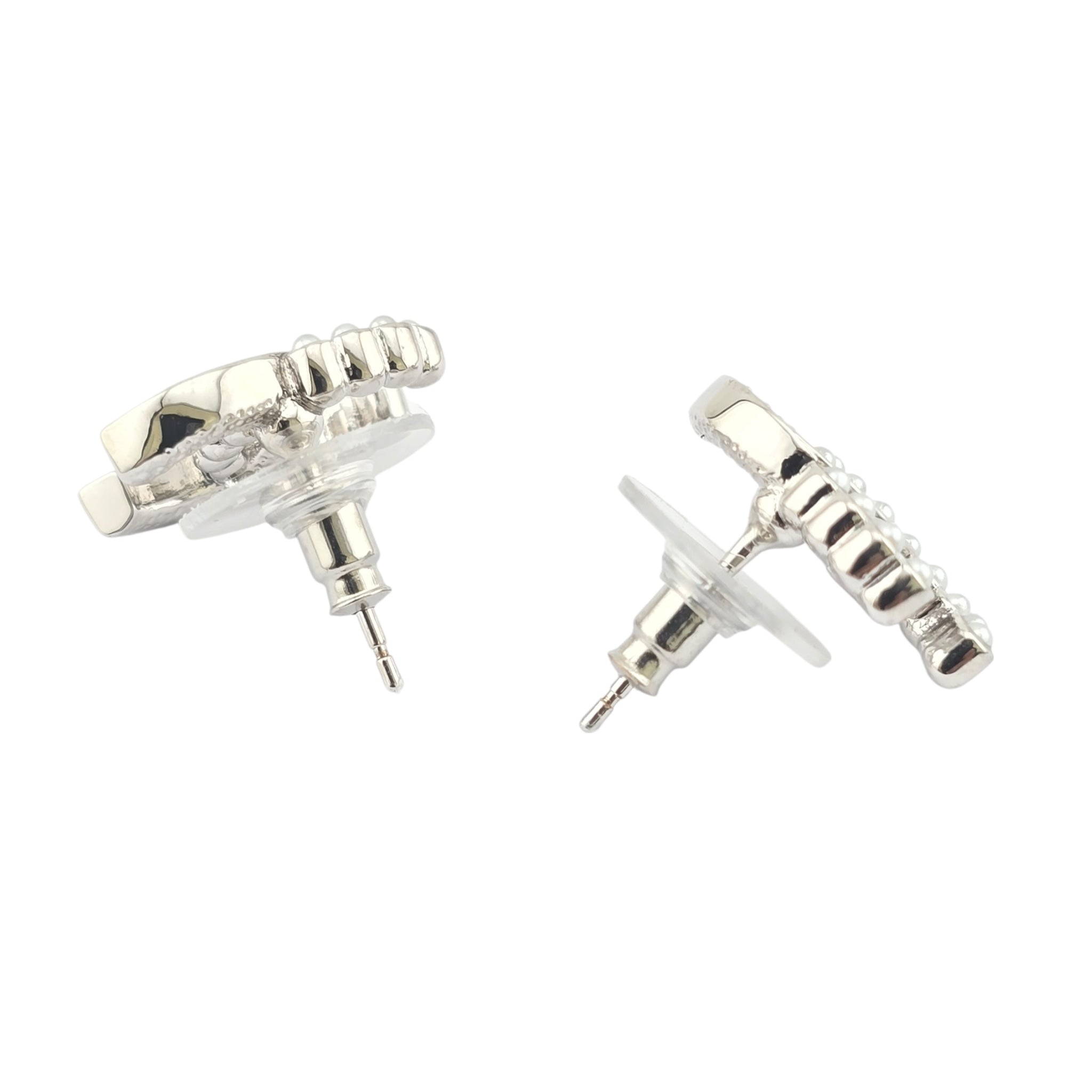Chanel Pearl Crystal CC Earrings Silver Pearly White