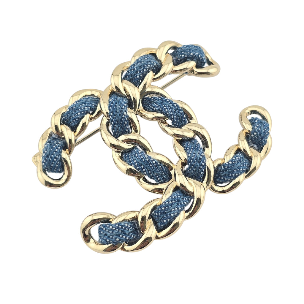 Chanel Denim Chain CC Brooch Blue Gold 2025