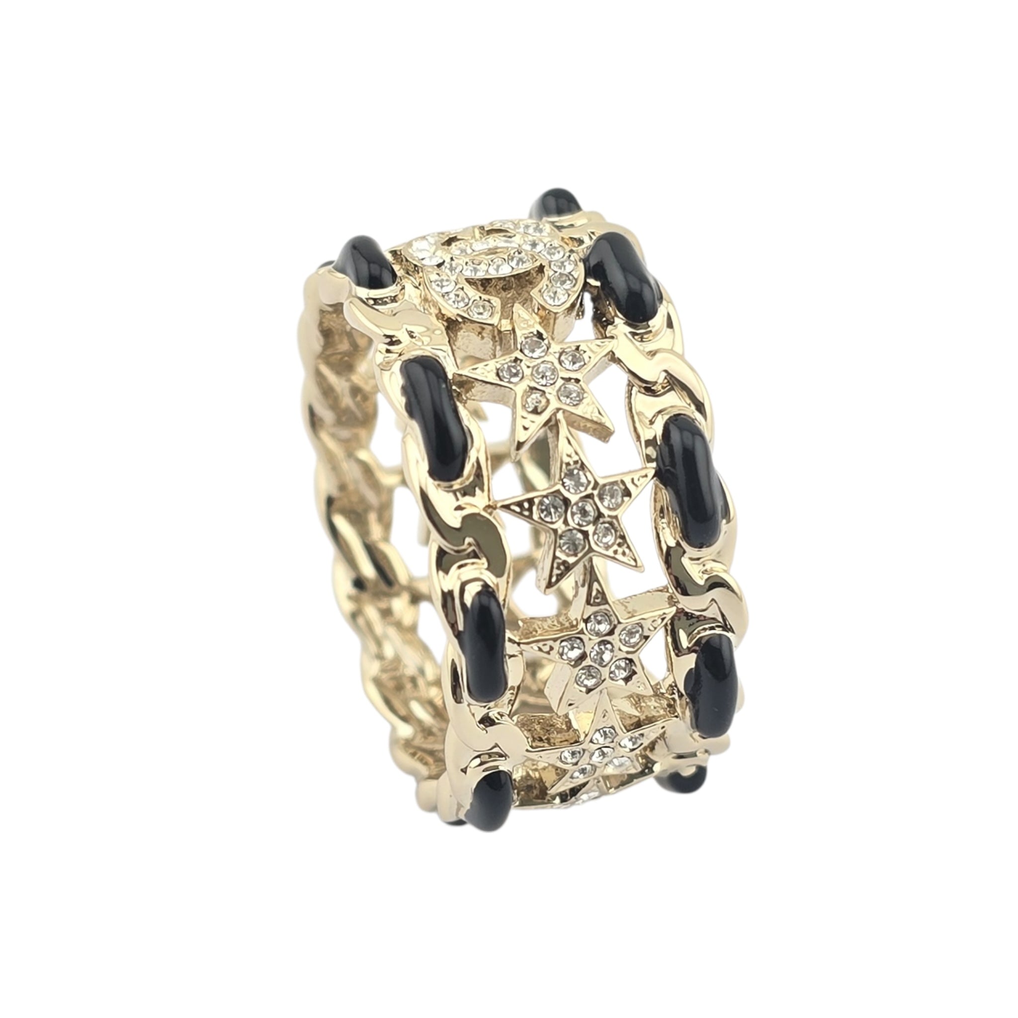 Chanel Metal Crystal Star CC Ring Gold Black 2023