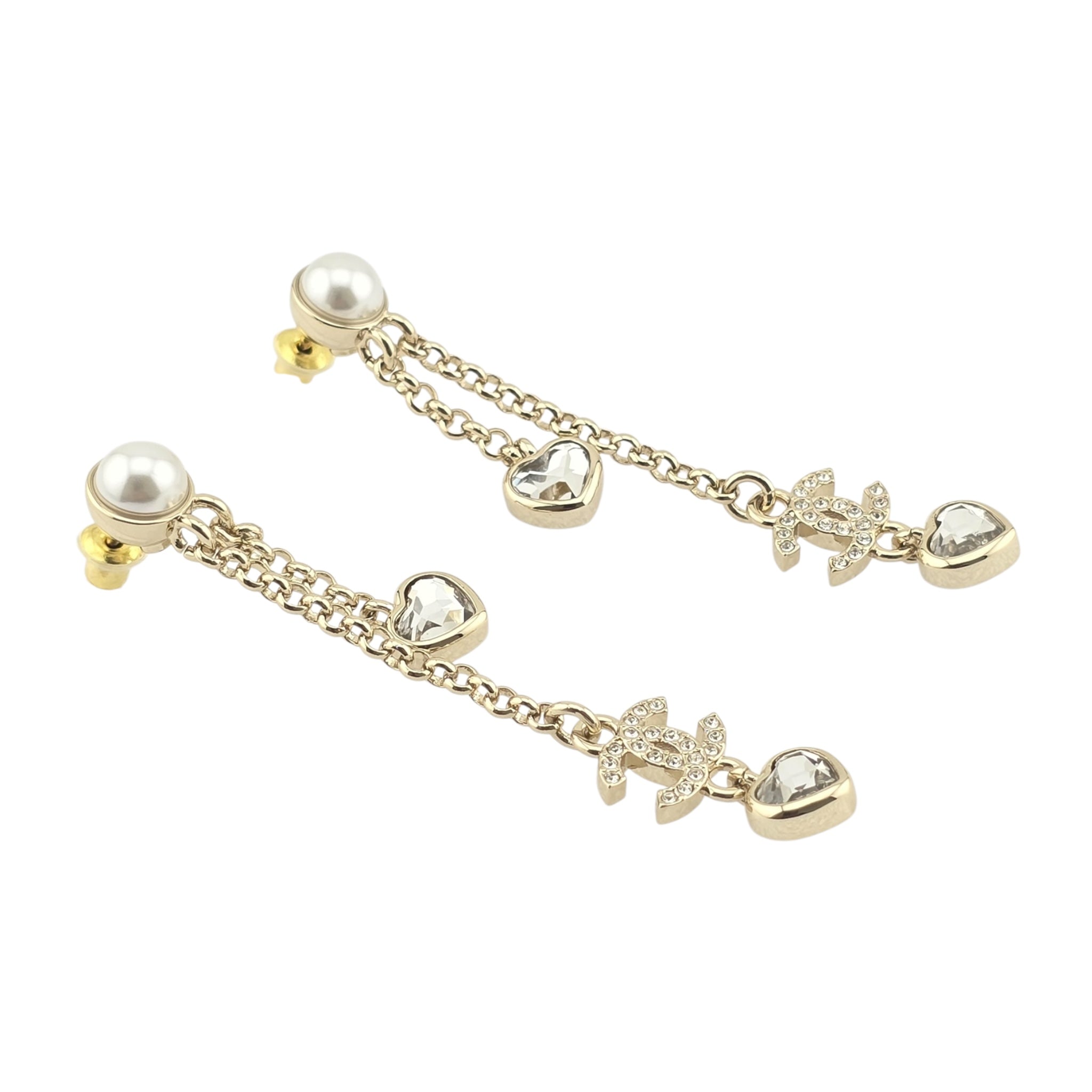 Chanel CC Gold Dangle Heart Crystal Earrings 2025