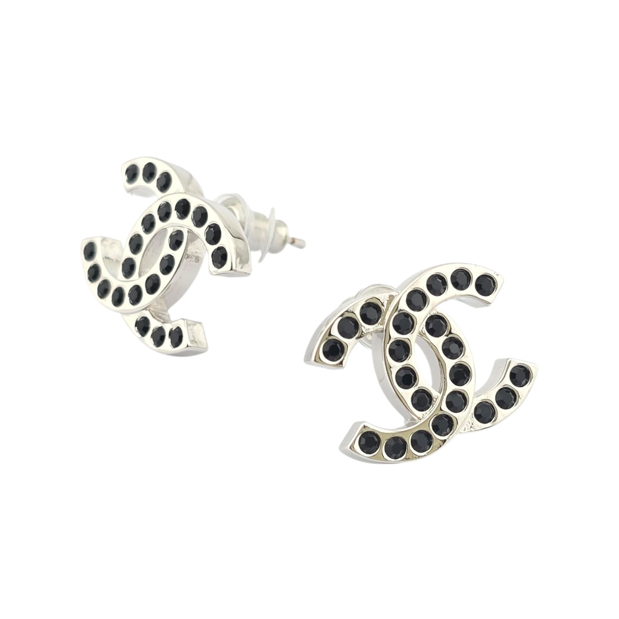Chanel CC Silver Black Crystal Stud Earrings 2025