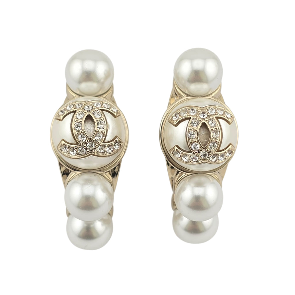 Chanel CC Gold Faux Pearl Hoop Earrings
