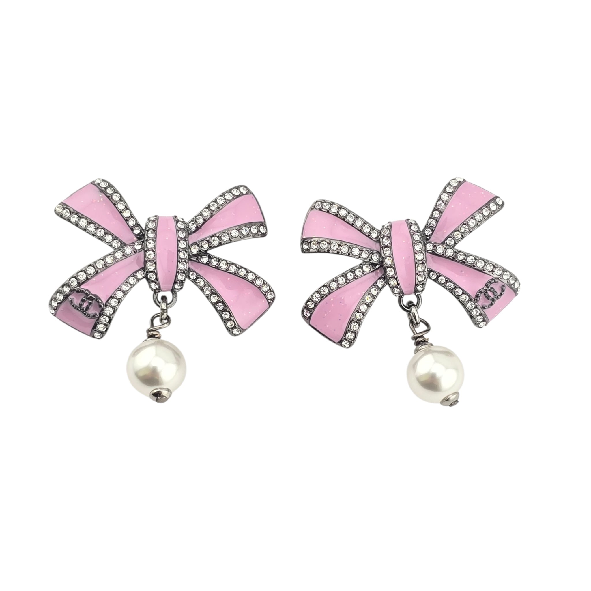 Chanel CC Silver Crystal Enamel Bow Earrings 2025