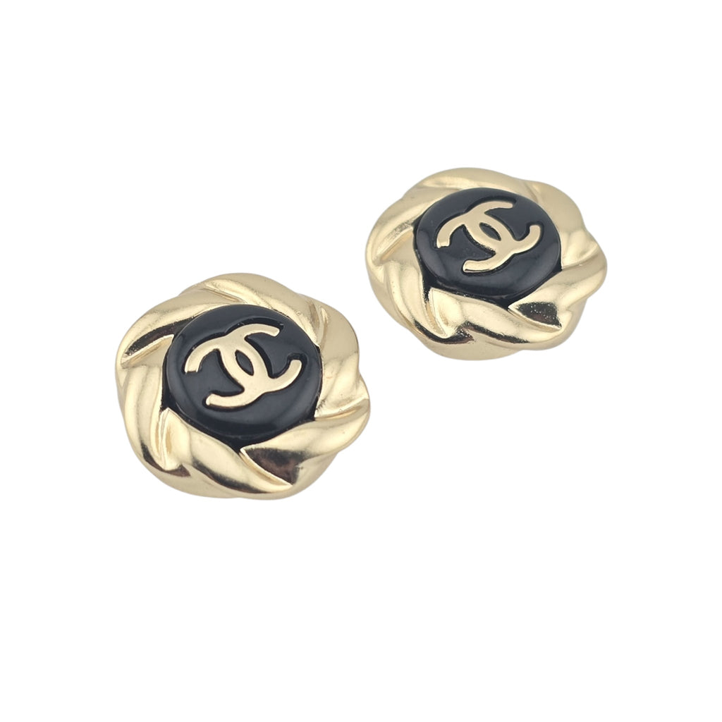 Chanel CC Resin Round Earrings Gold Black A22 CHANEL