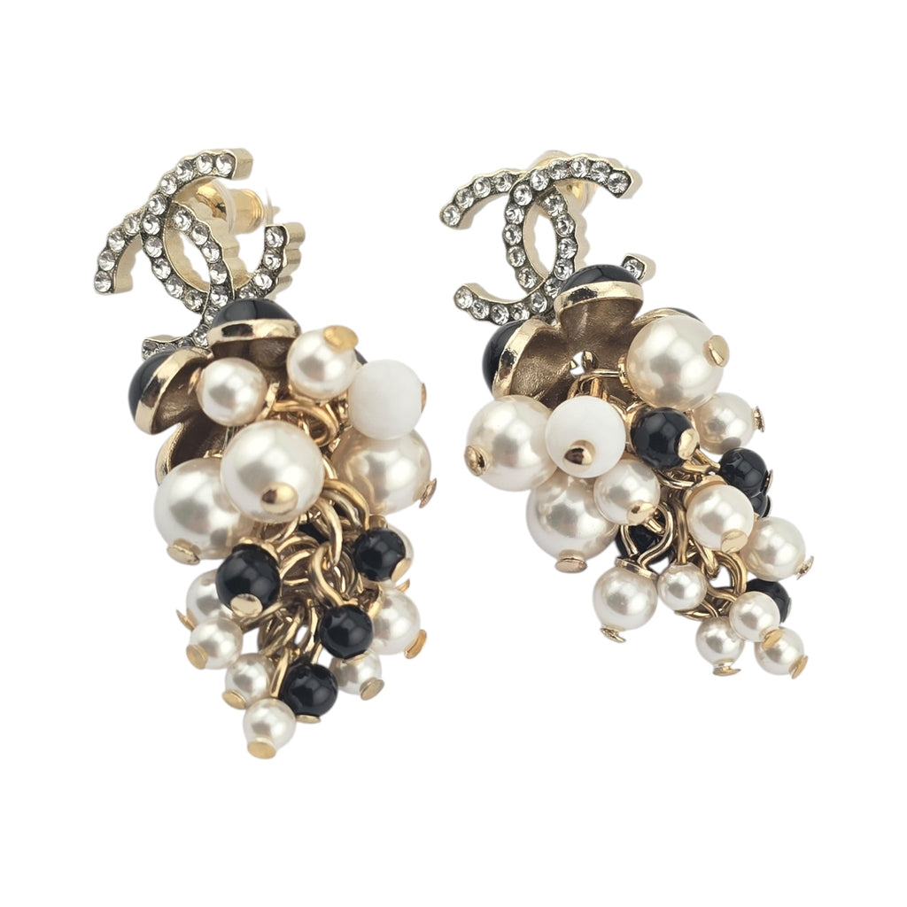Chanel CC Faux Pearl White Black Gold Earrings CHANEL