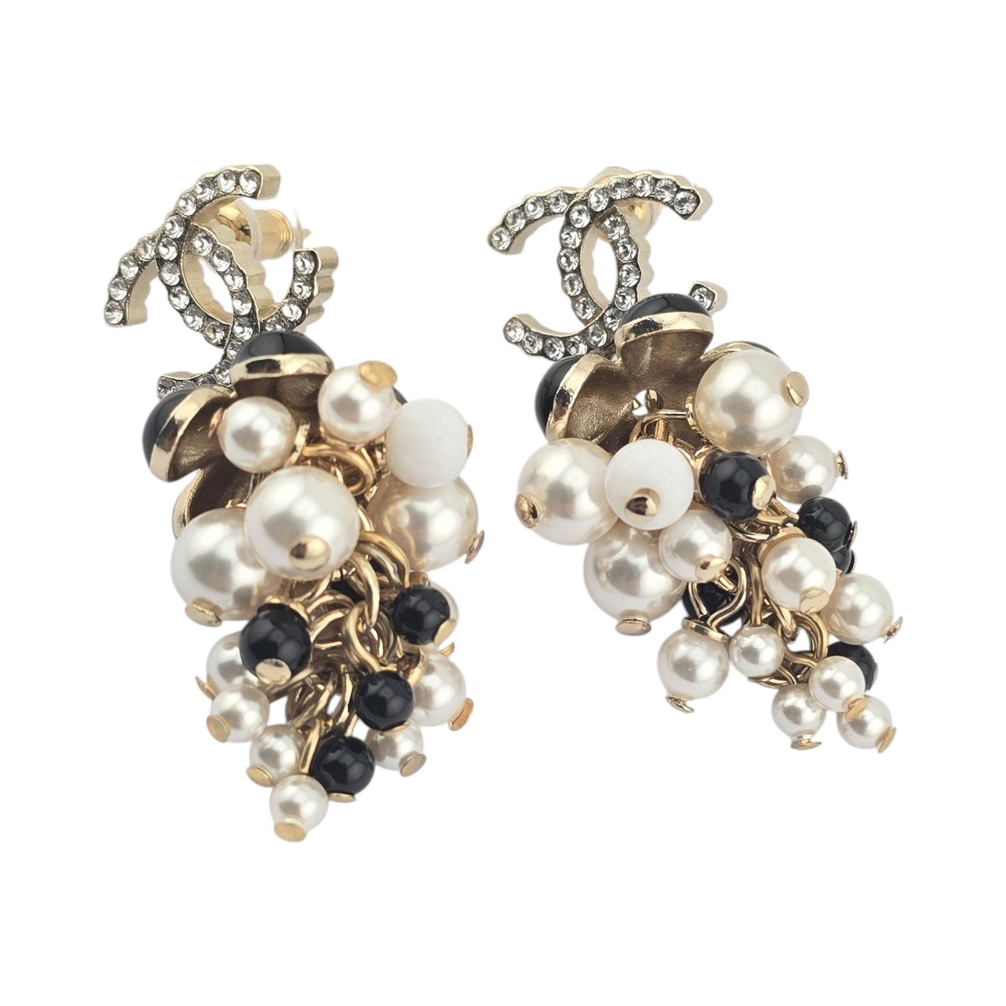 Chanel CC Faux Pearl White Black Gold Earrings CHANEL