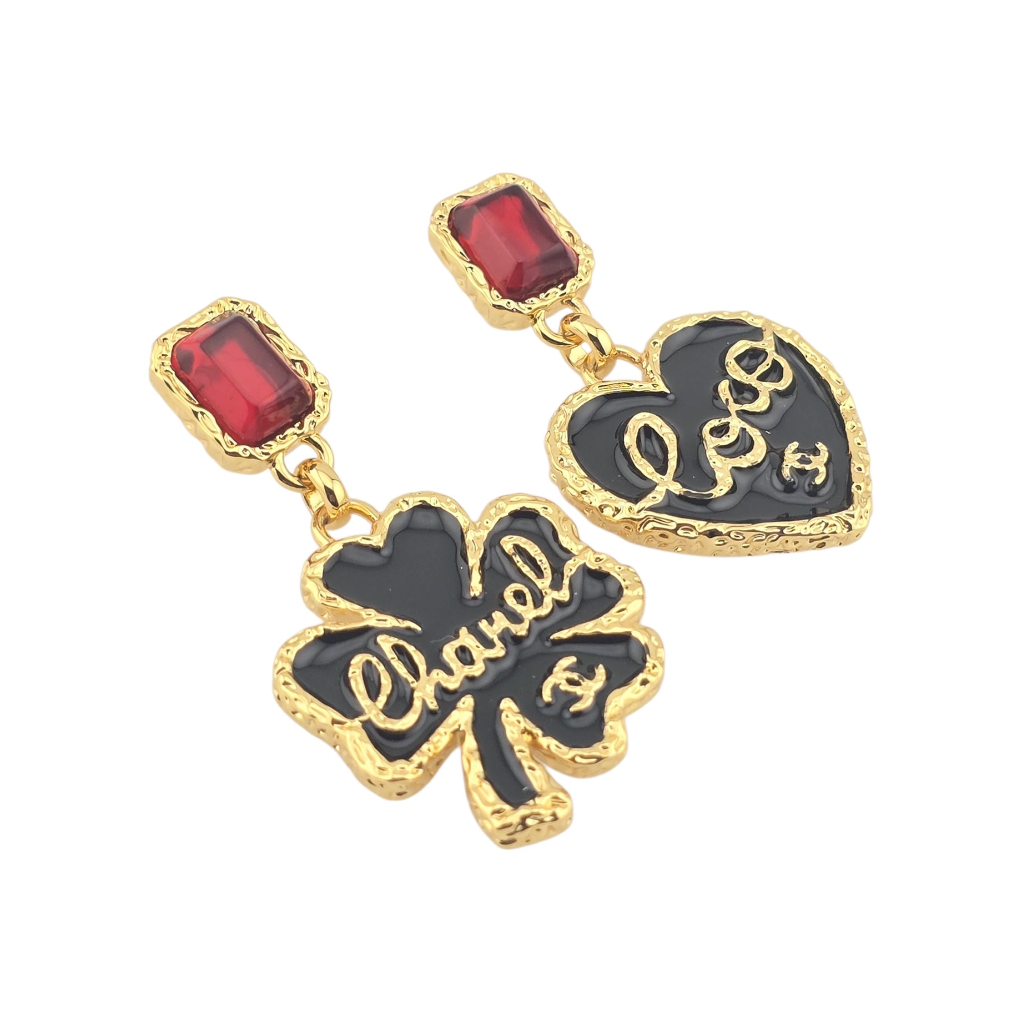 Chanel CC Clover Heart Black Gold Earrings 2024 CHANEL