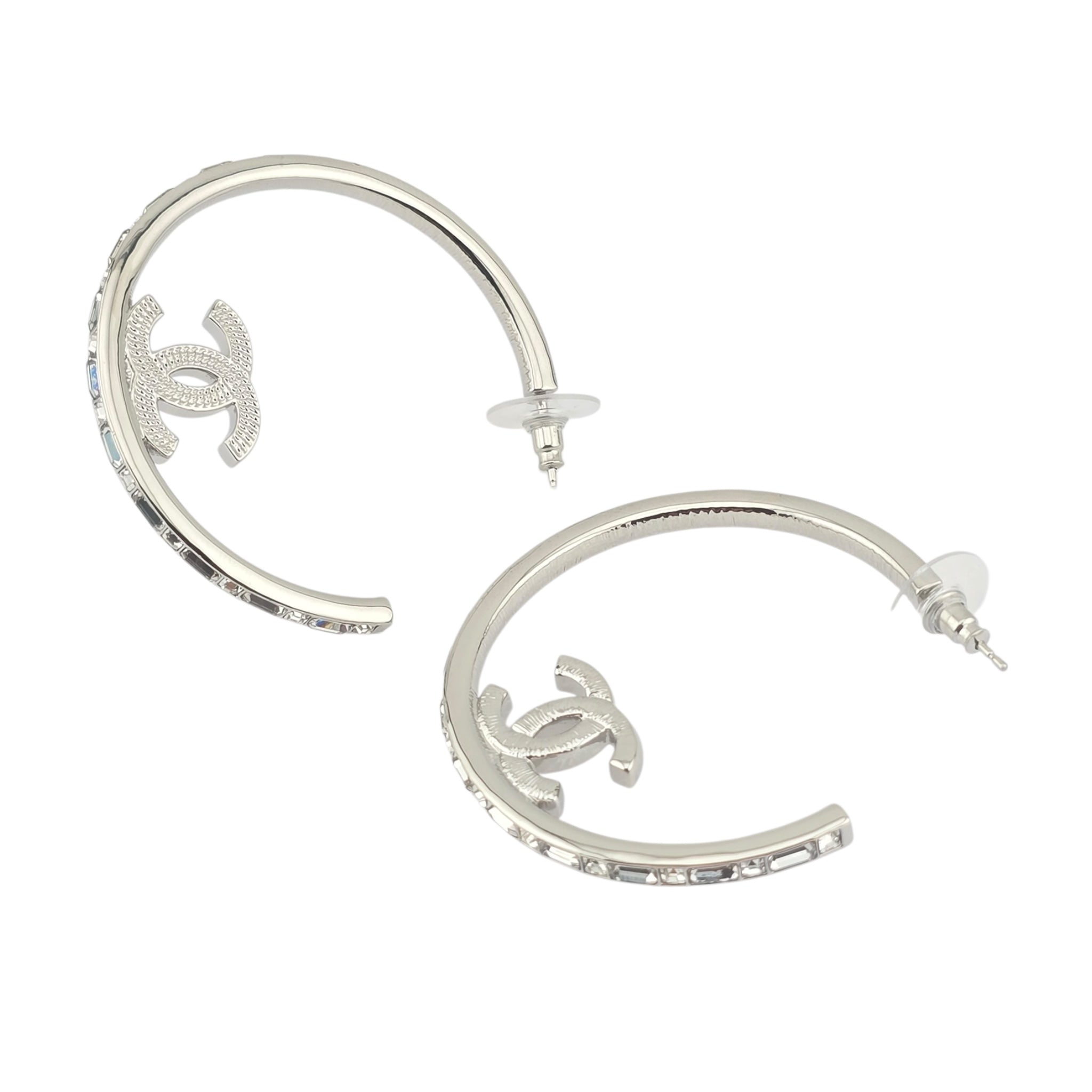Chanel CC Metal Crystal Baguette Large Hoop Earrings Silver 2022 CHANEL
