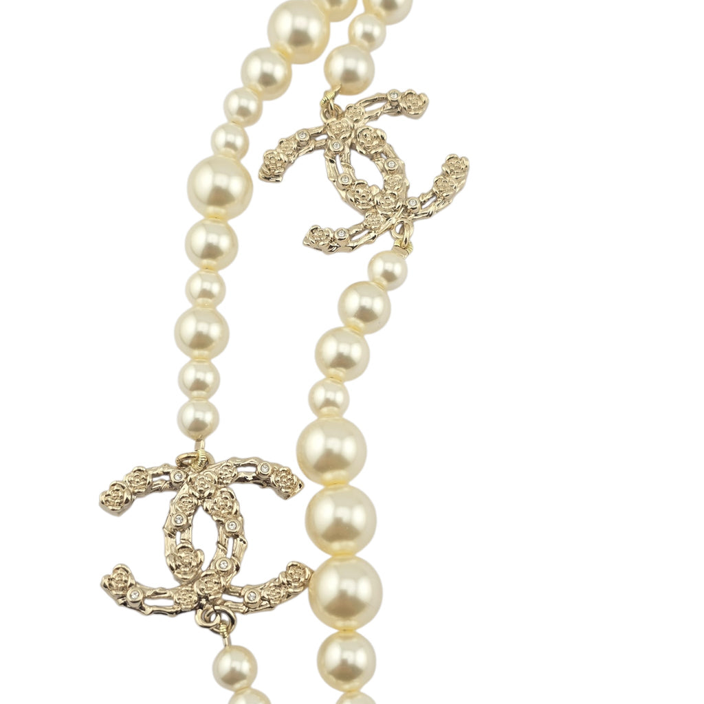 Chanel CC Faux Pearl Crystal Long Floral Necklace 2021 CHANEL