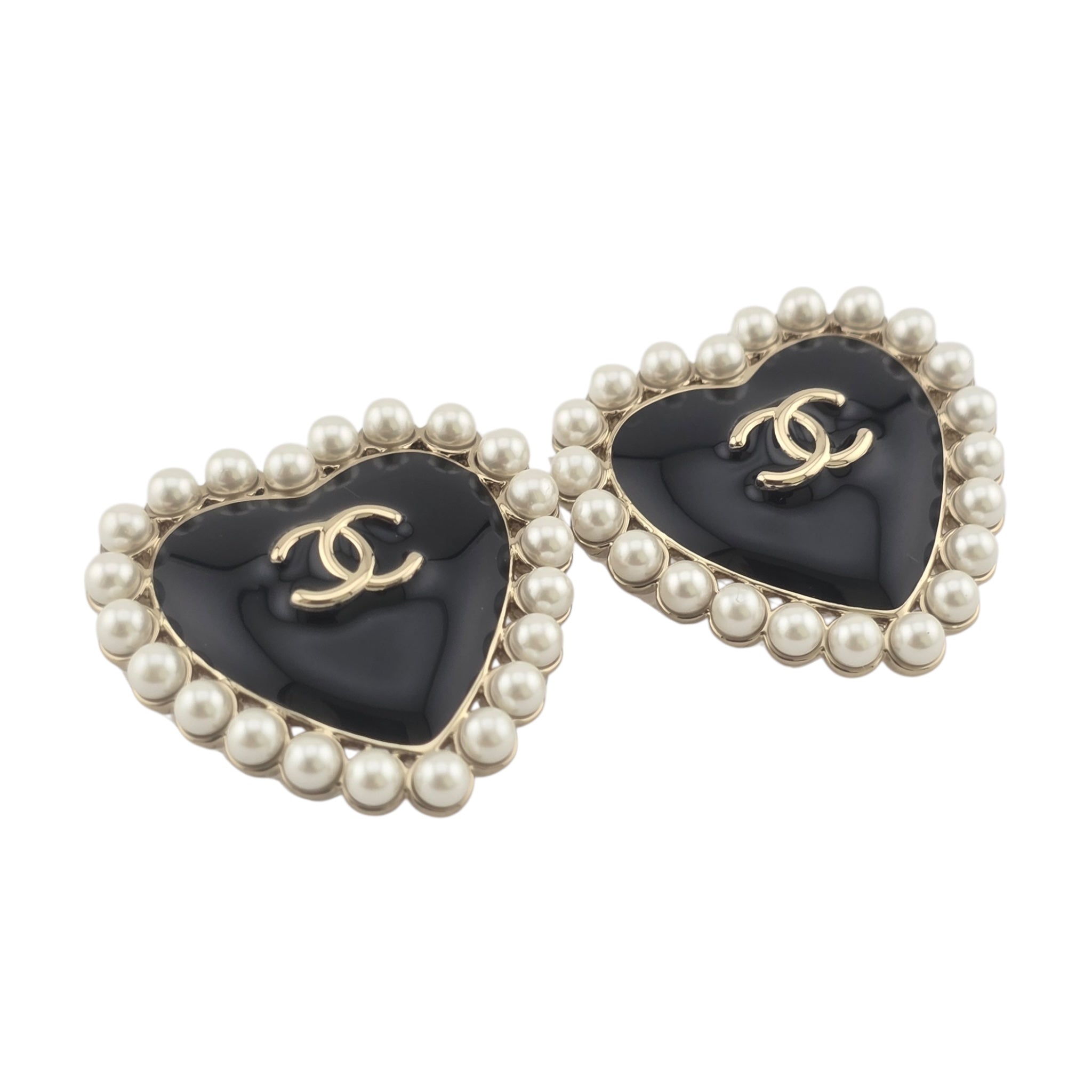 Chanel CC Black Gold Heart Faux Pearl Earrings 2025 CHANEL
