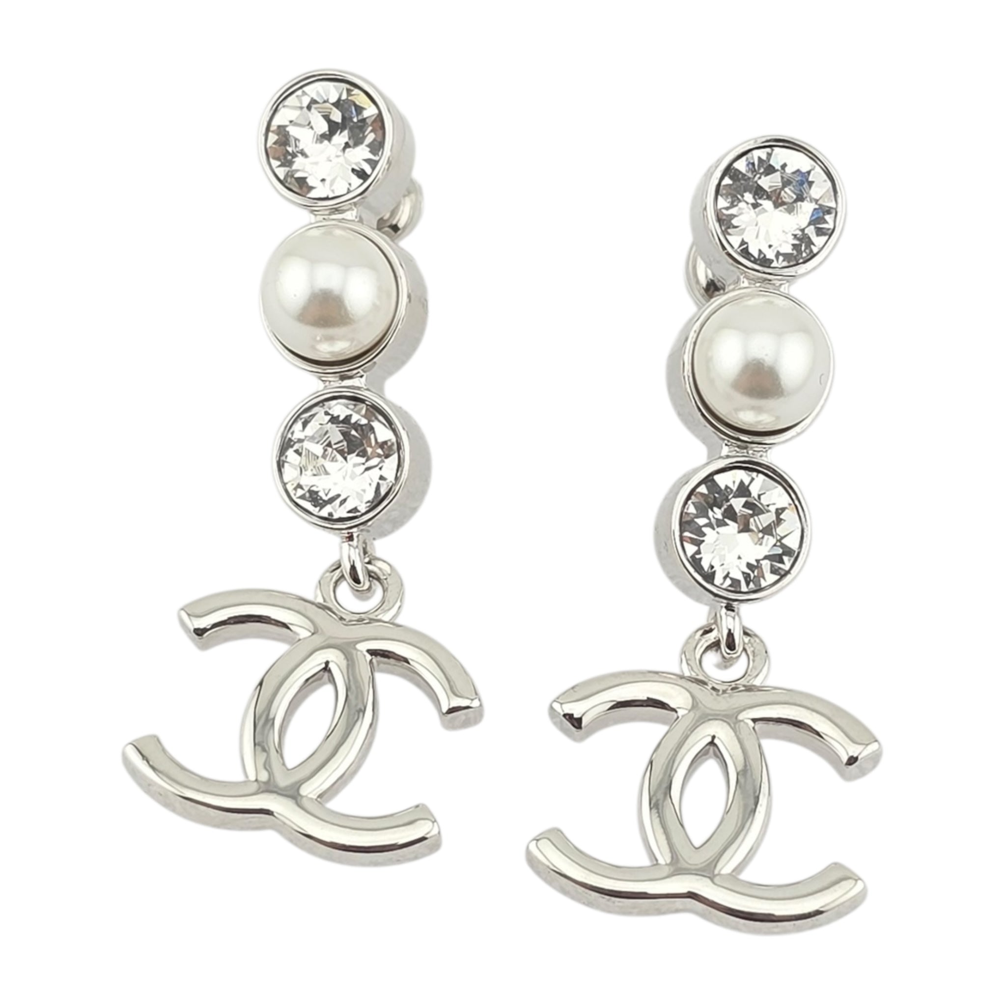 Chanel CC Silver Crystal Pearl Earrings 2025 CHANEL