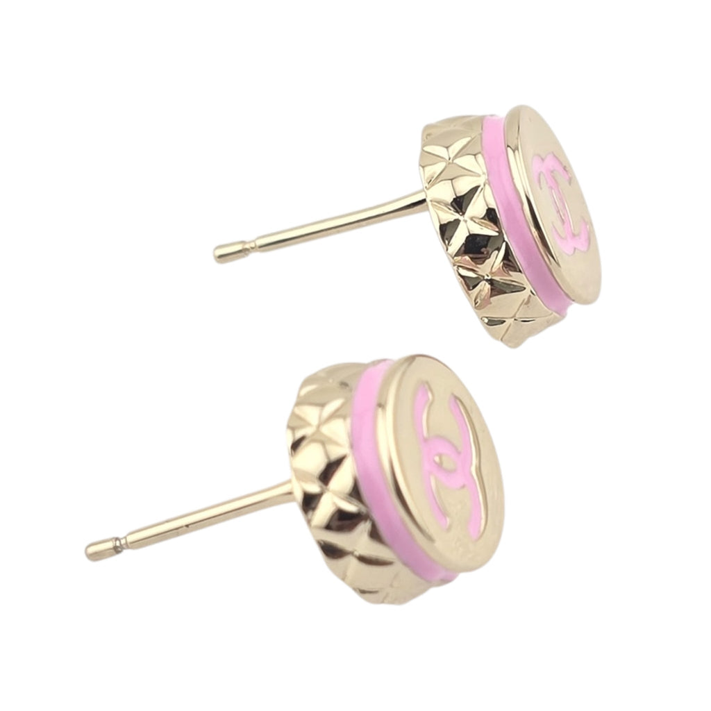 Chanel CC Stud Gold Pink Round Earrings B25 CHANEL