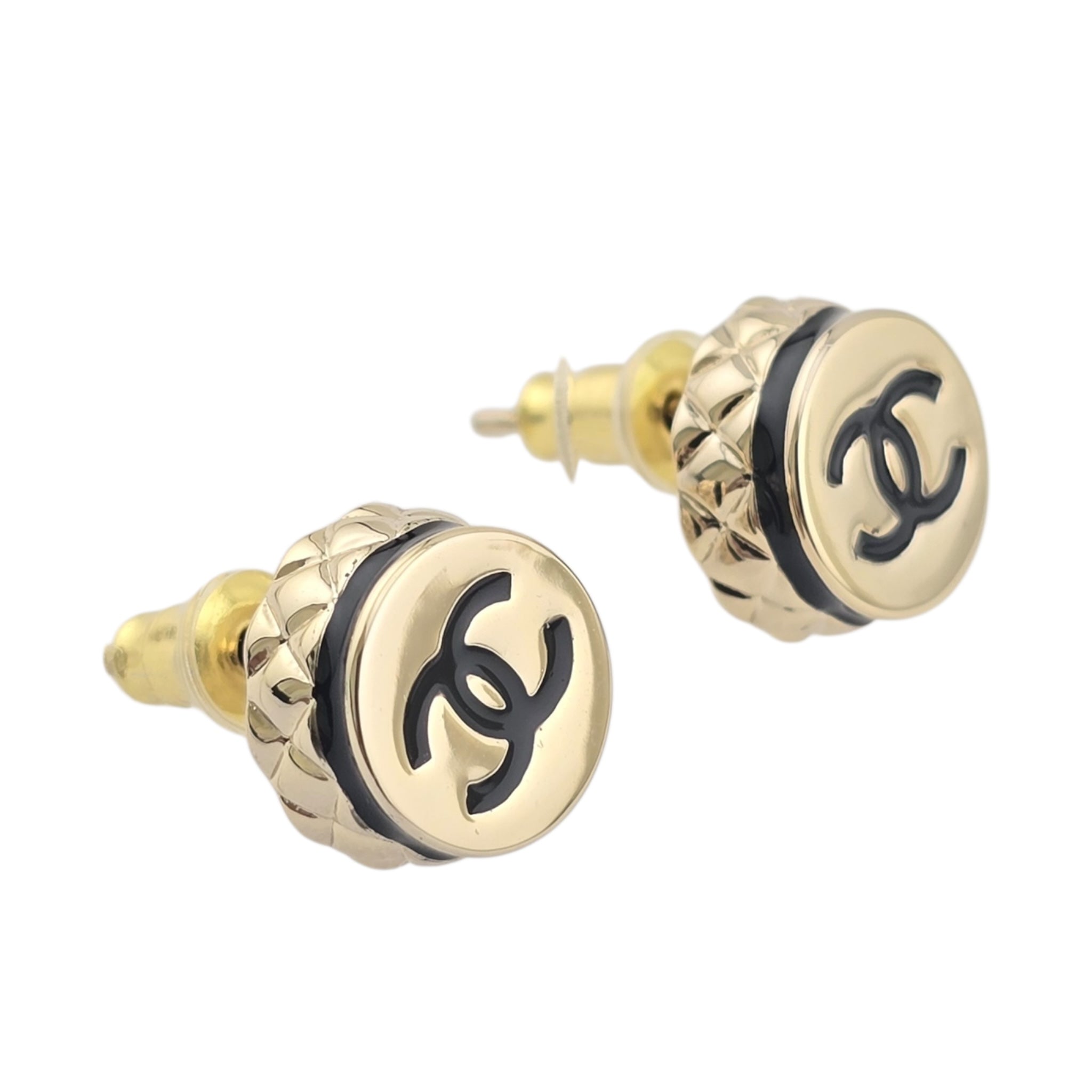 Chanel CC Stud Gold Black Round Earrings B25 CHANEL