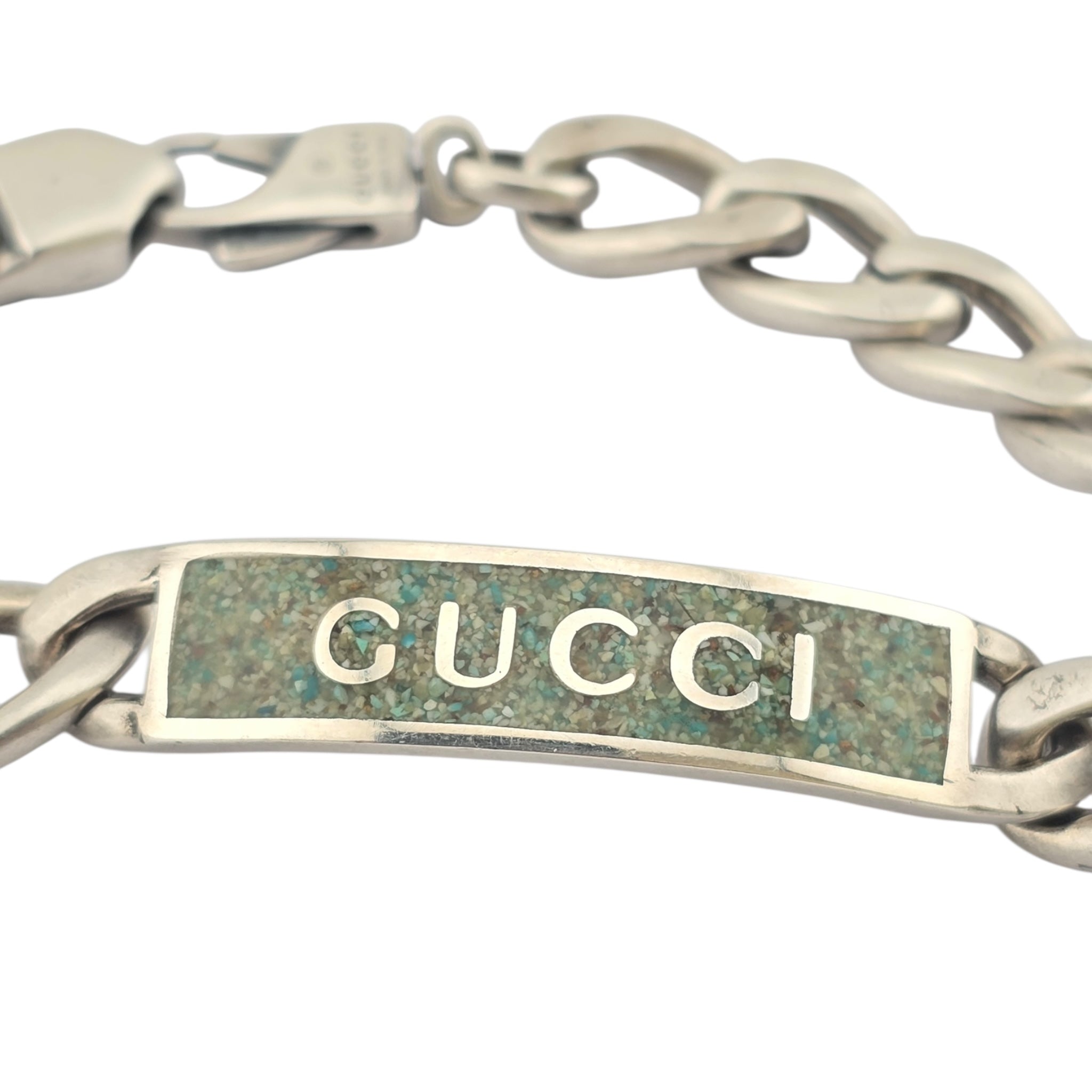 Gucci Silver Green Enamel Logo Bracelet GUCCI