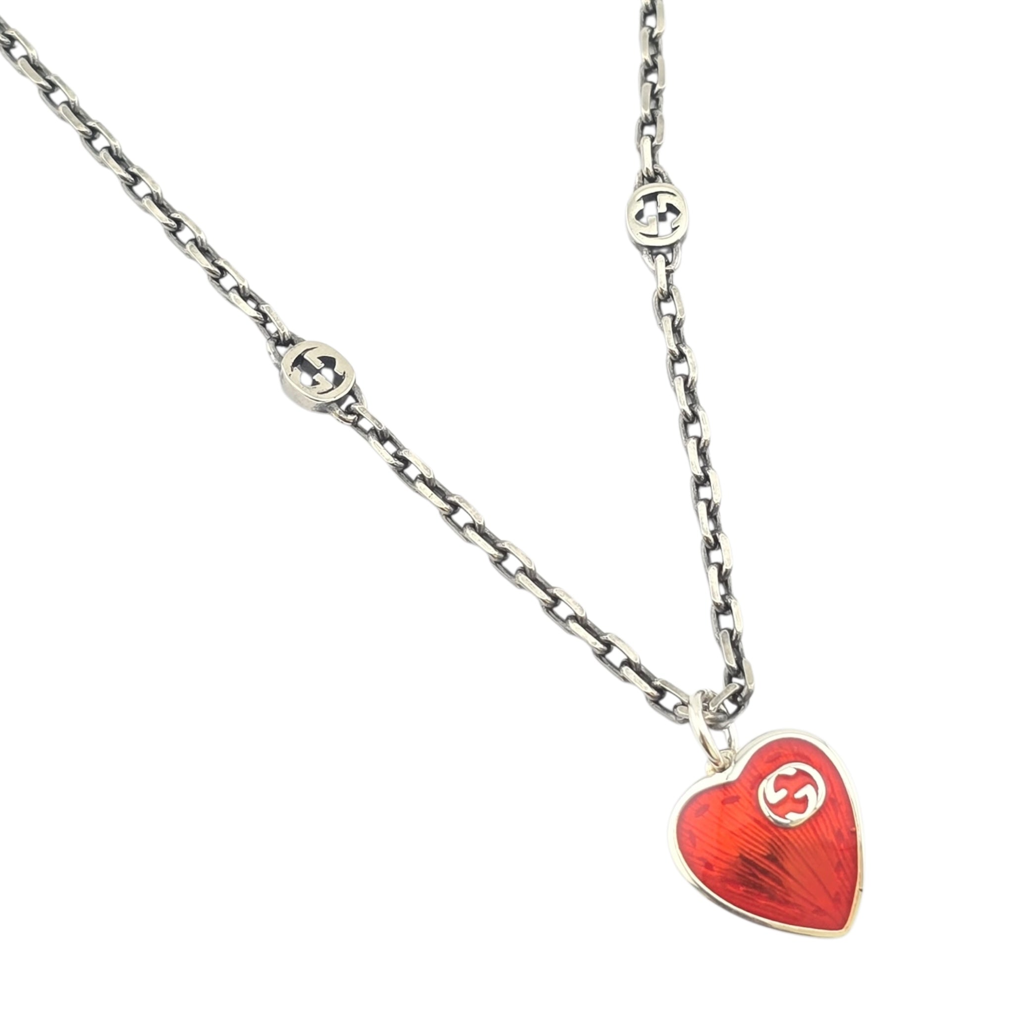 GUCCI Interlocking G Red Heart Silver Necklace GUCCI