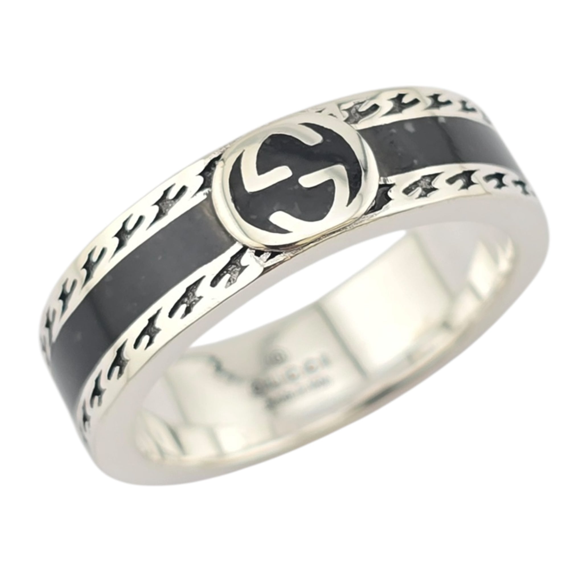 GUCCI Interlocking G Sterling Silver Black Enamel Ring GUCCI