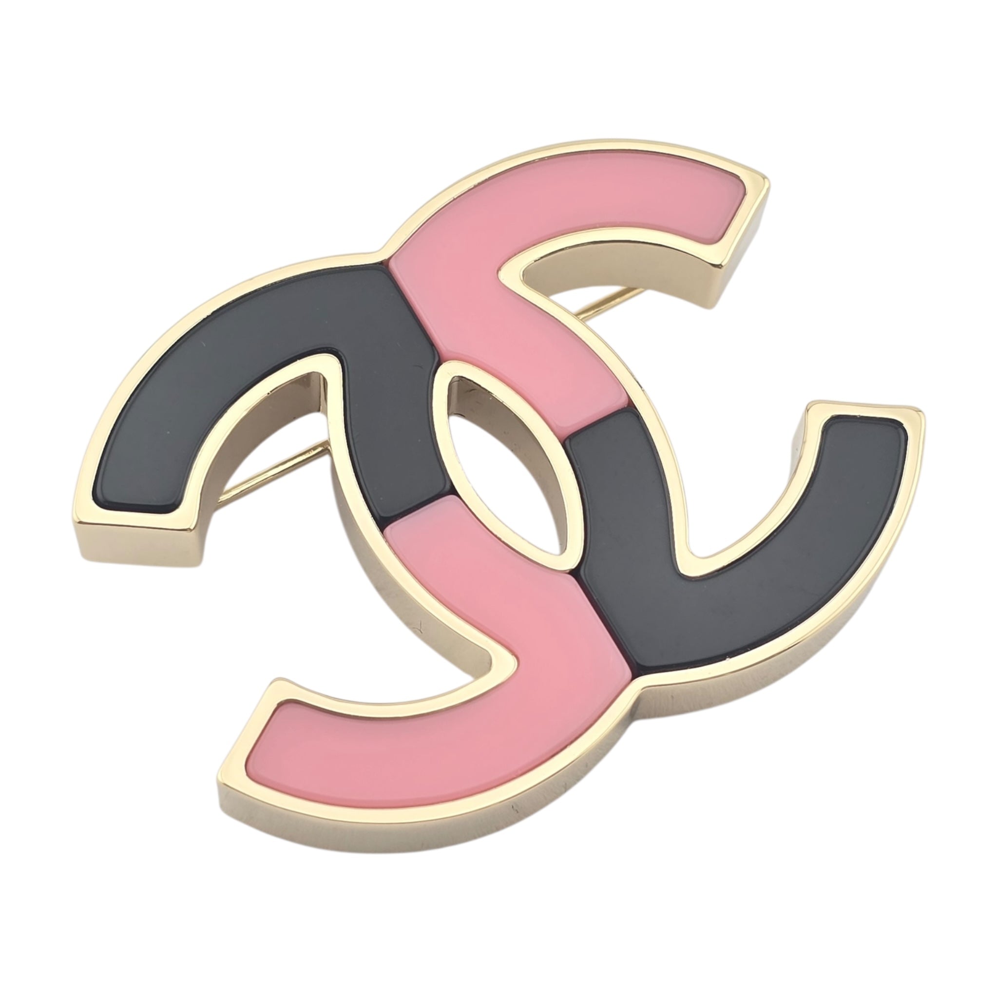 Chanel CC Pink Black Resin Gold Brooch 2023 CHANEL