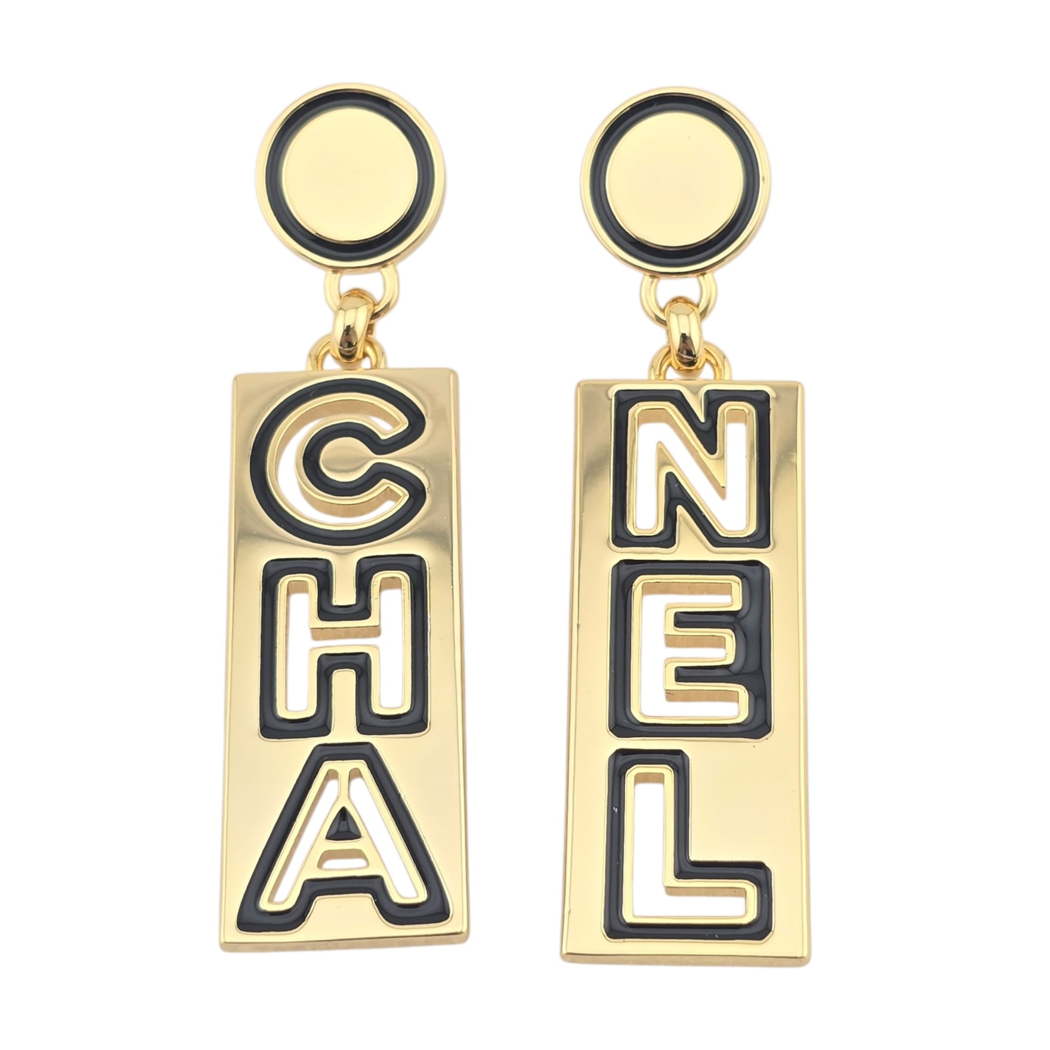 Chanel Metal Enamel Cha-Nel Logo Drop Earrings CHANEL
