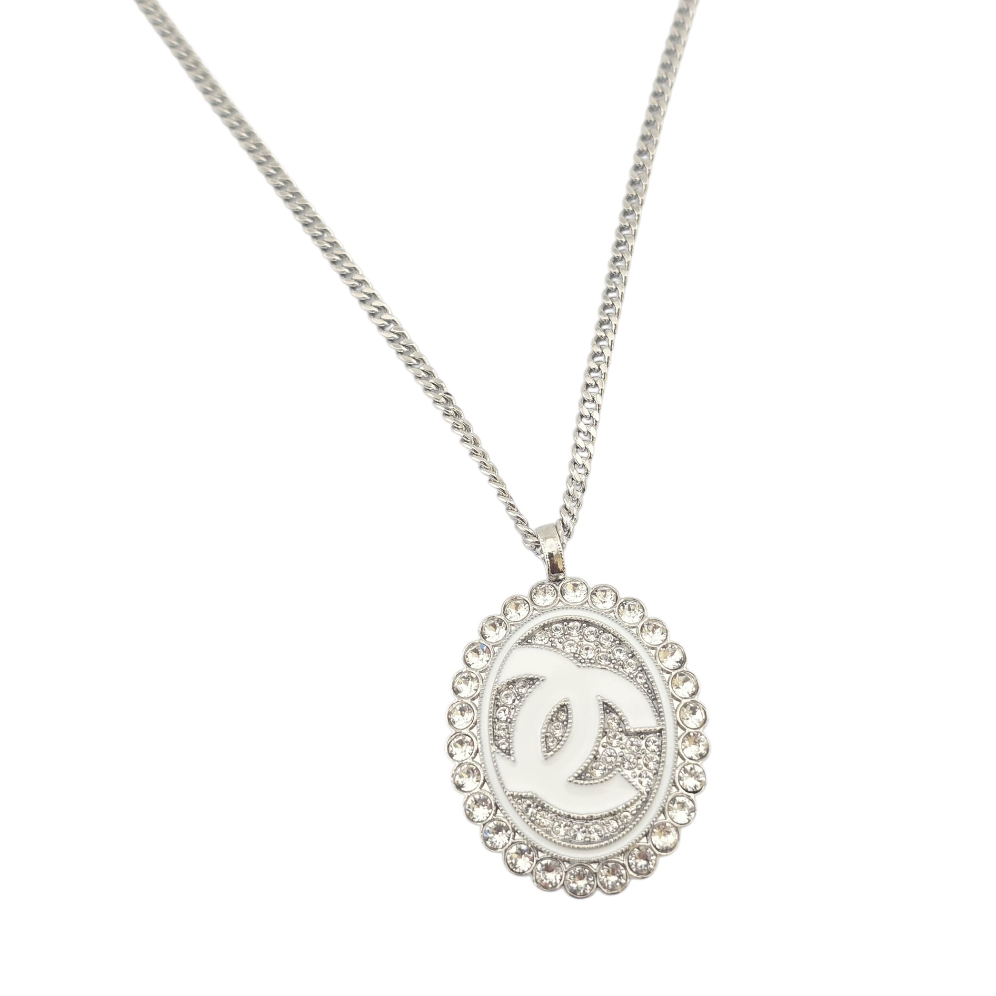 Chanel CC Silver Crystal Oval Pendant Necklace 2025 CHANEL