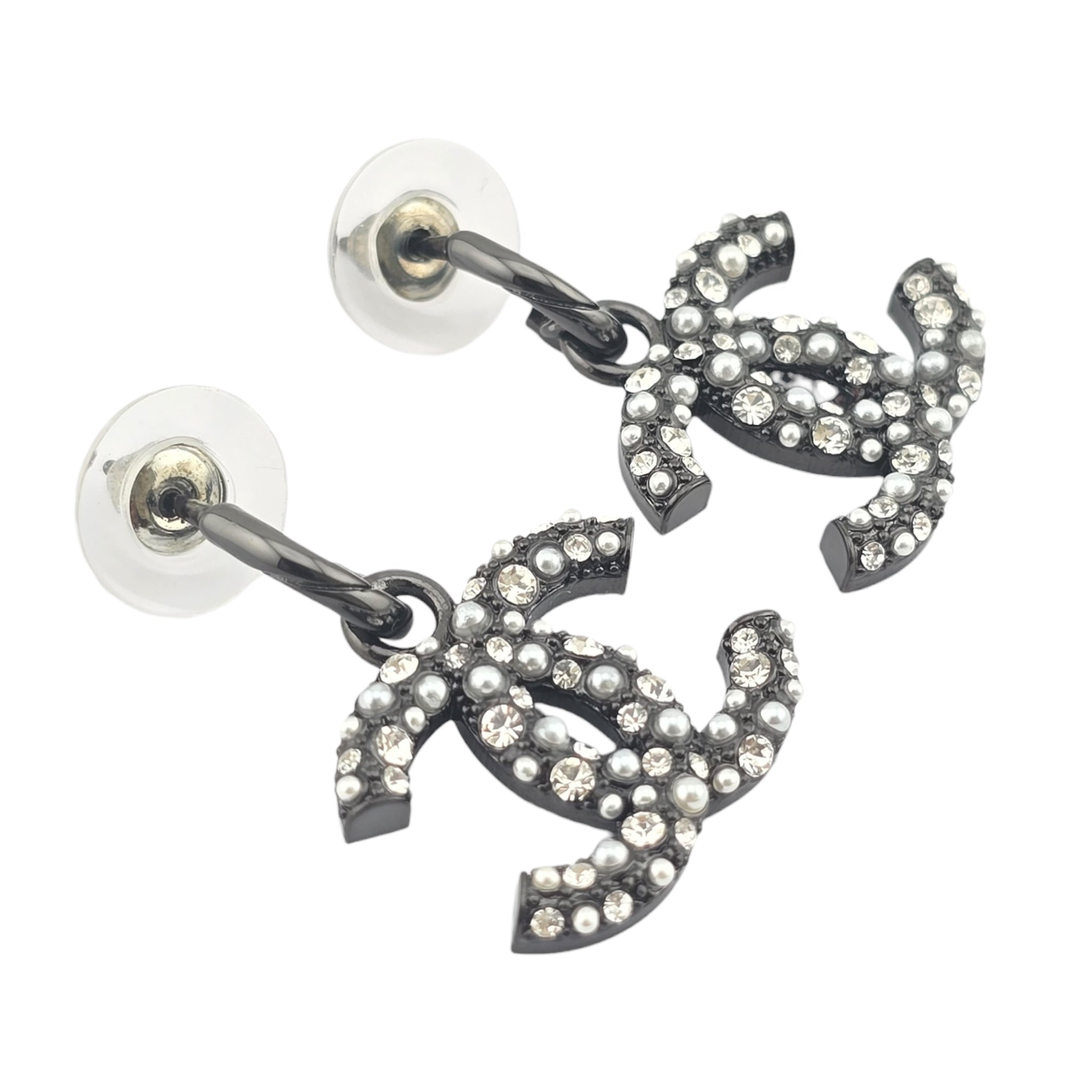 Chanel CC Ruthenium Drop Crystal Faux Pearl Earrings 2022 CHANEL