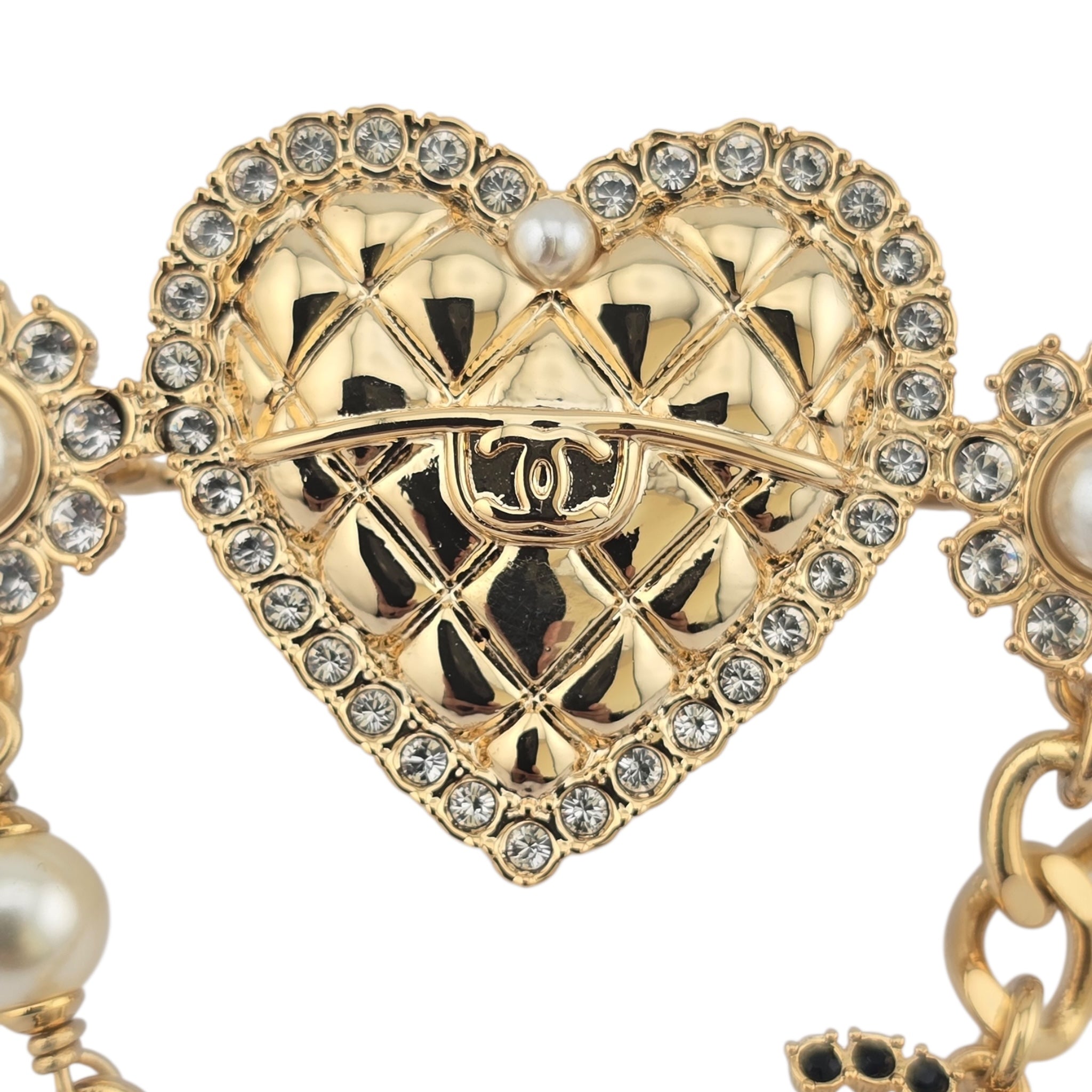 Chanel CC Gold Heart Crystal Faux Pearl Brooch 2024 CHANEL
