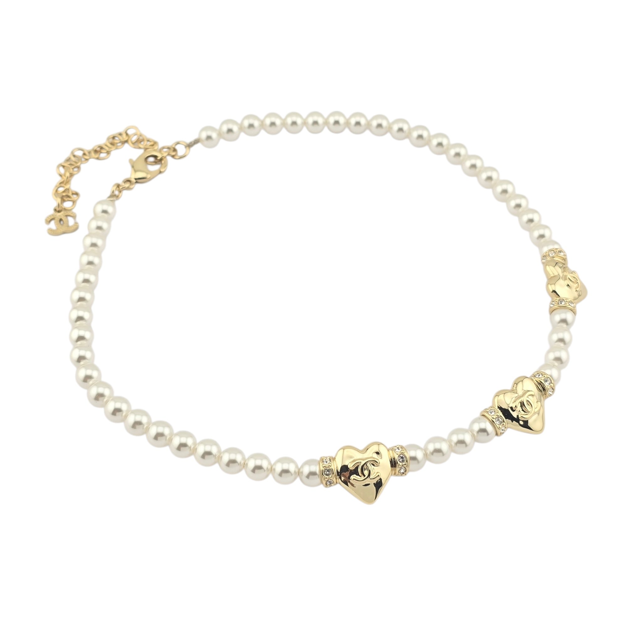 Chanel CC Faux Pearl Gold Heart Necklace 2024