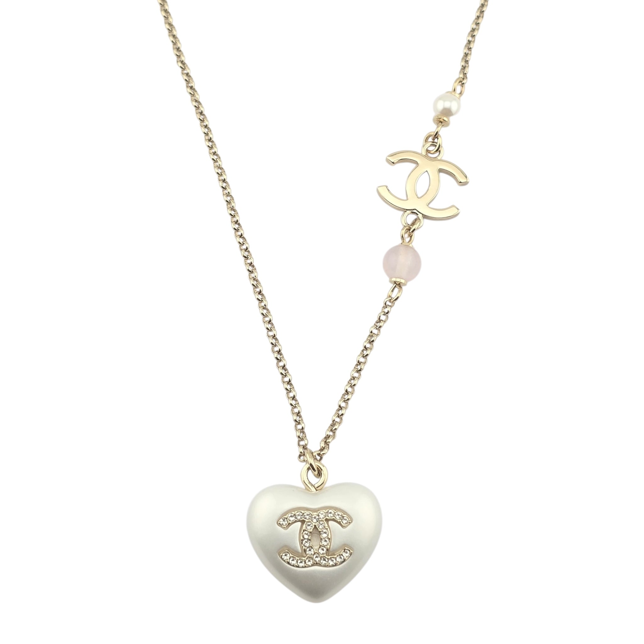 Chanel CC Pearl Crystal Heart Gold Necklace A21