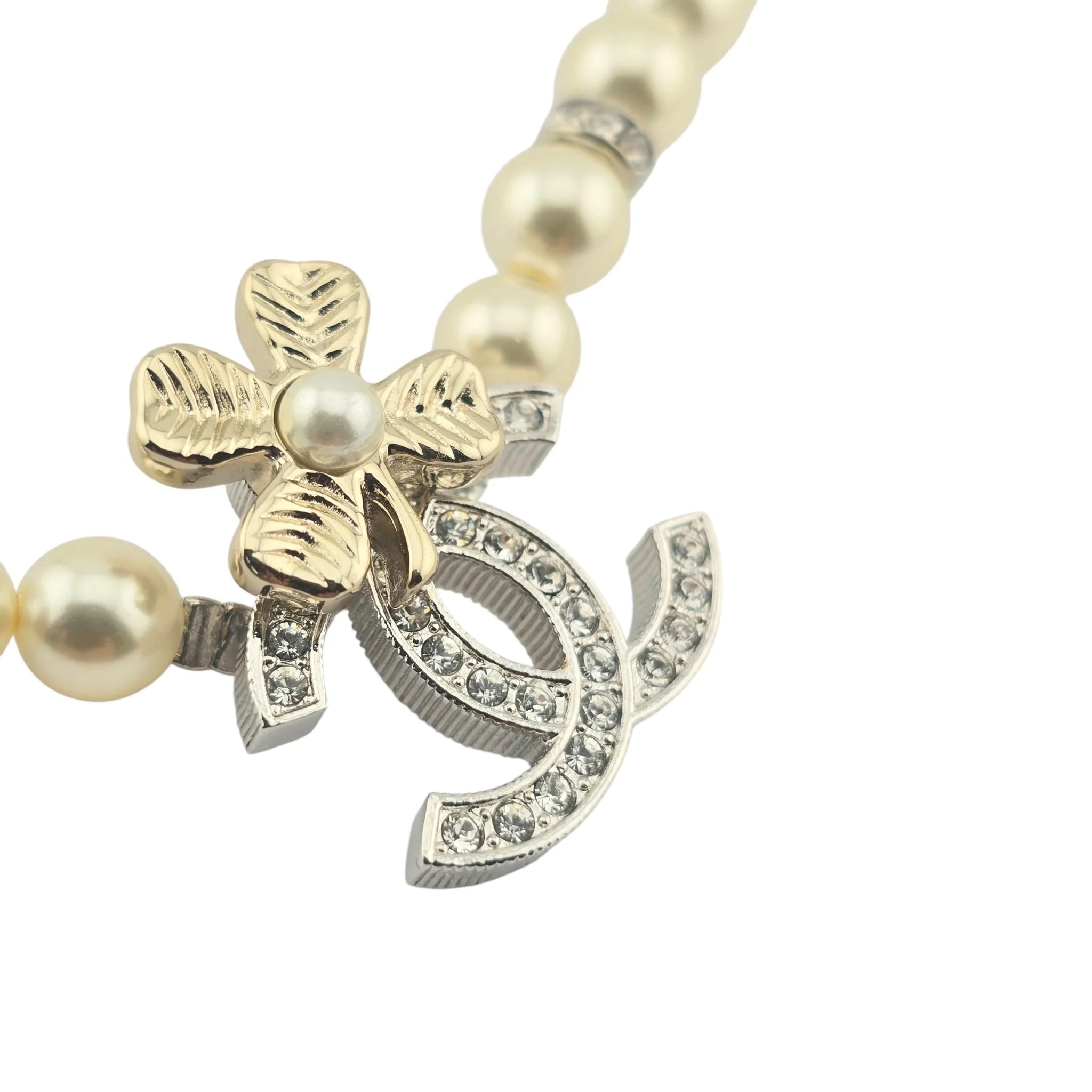 Chanel Pearl Necklace with Crystal CC Logo and Floral Detail 2024 CHANEL