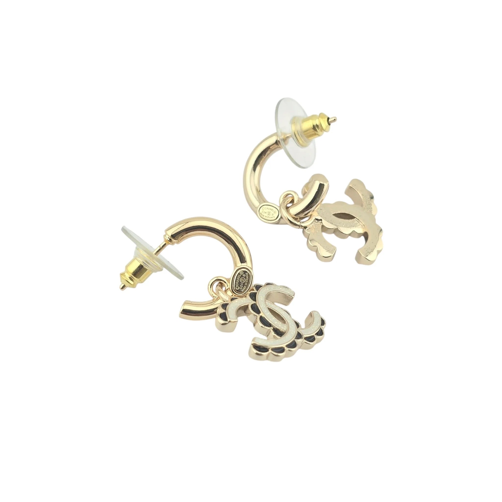 Chanel CC Black/White Enamel Hoop C24 Earrings CHANEL