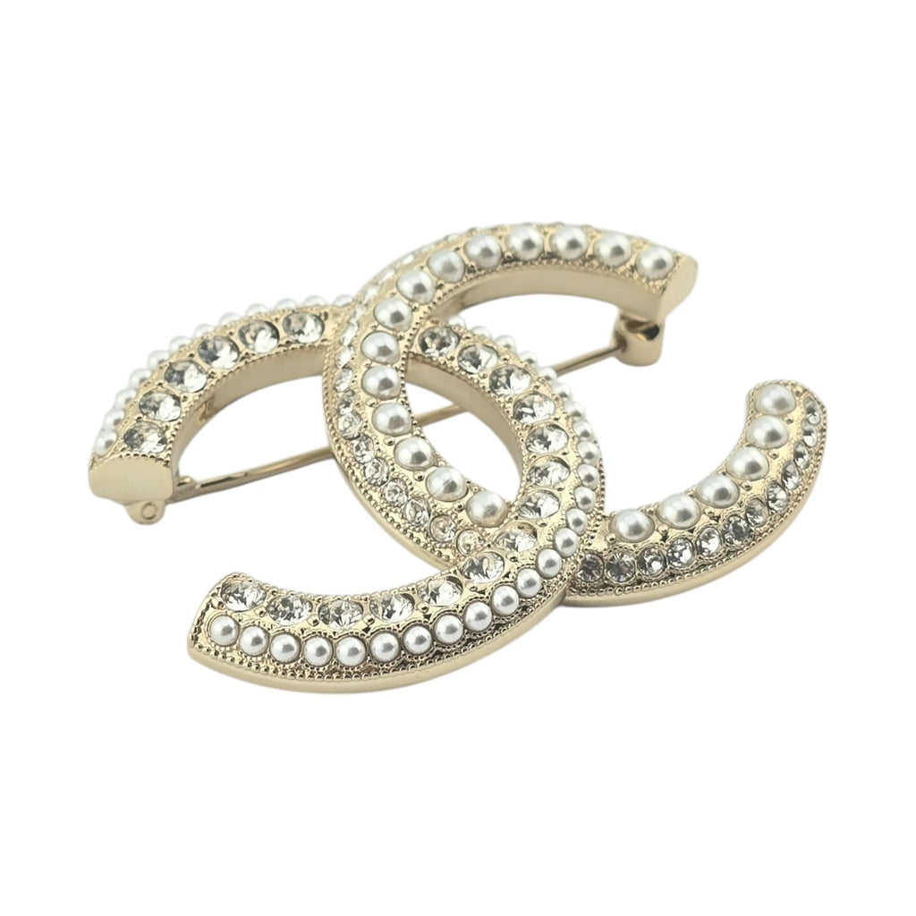 Chanel CC Gold Crystals Faux Pearl Brooch 2022 CHANEL