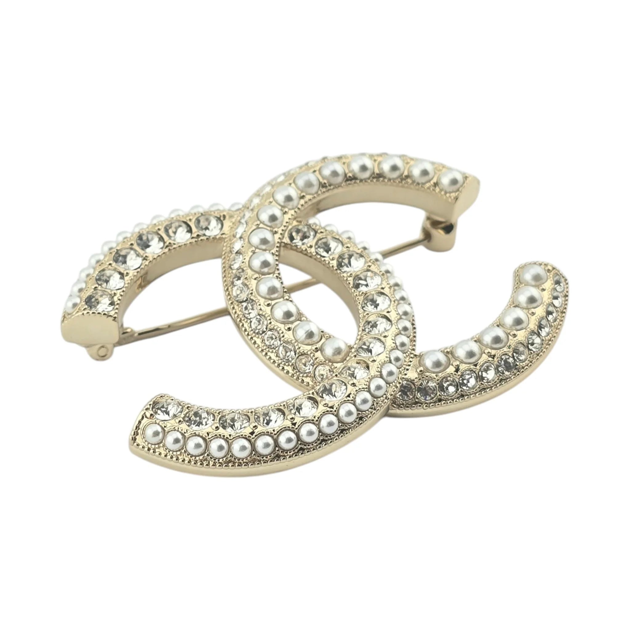 Chanel CC Gold Crystals Faux Pearl Brooch 2022 CHANEL