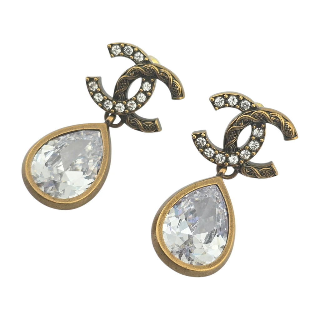Chanel CC Tear Drop Crystal Dangle Gold Earrings 2024 CHANEL