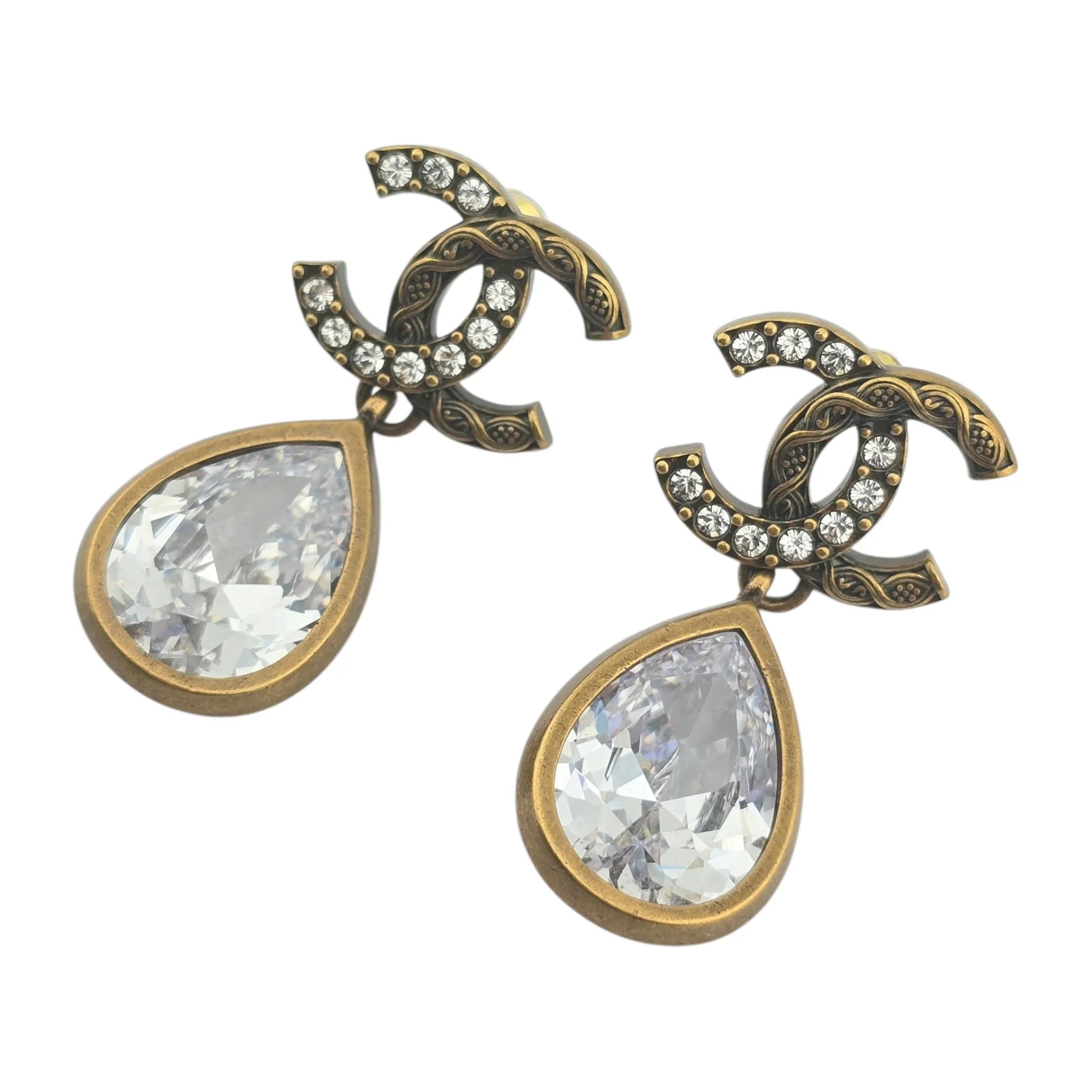 Chanel CC Tear Drop Crystal Dangle Gold Earrings 2024 CHANEL