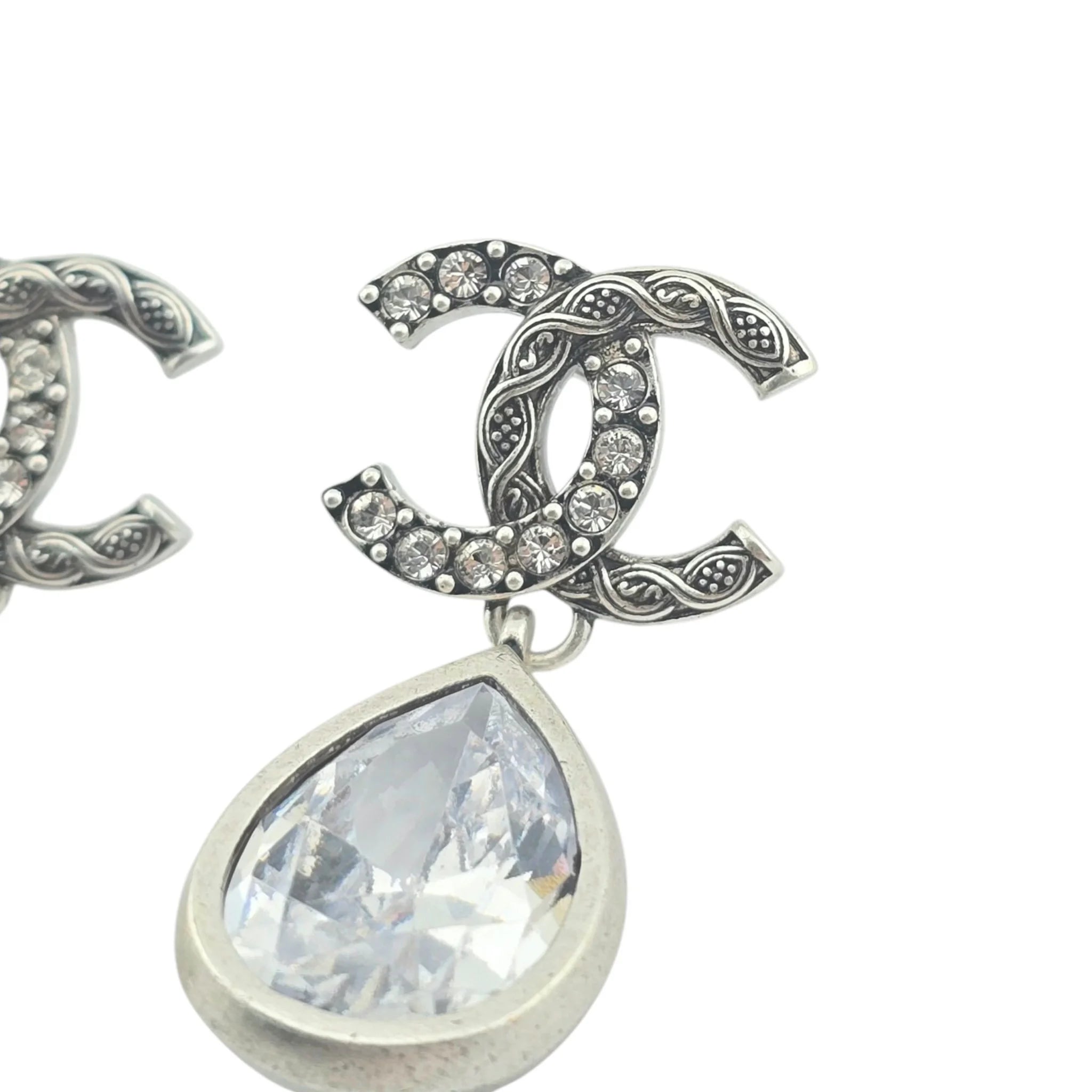 Chanel CC Tear Drop Crystal Dangle Silver Earrings 2024 CHANEL