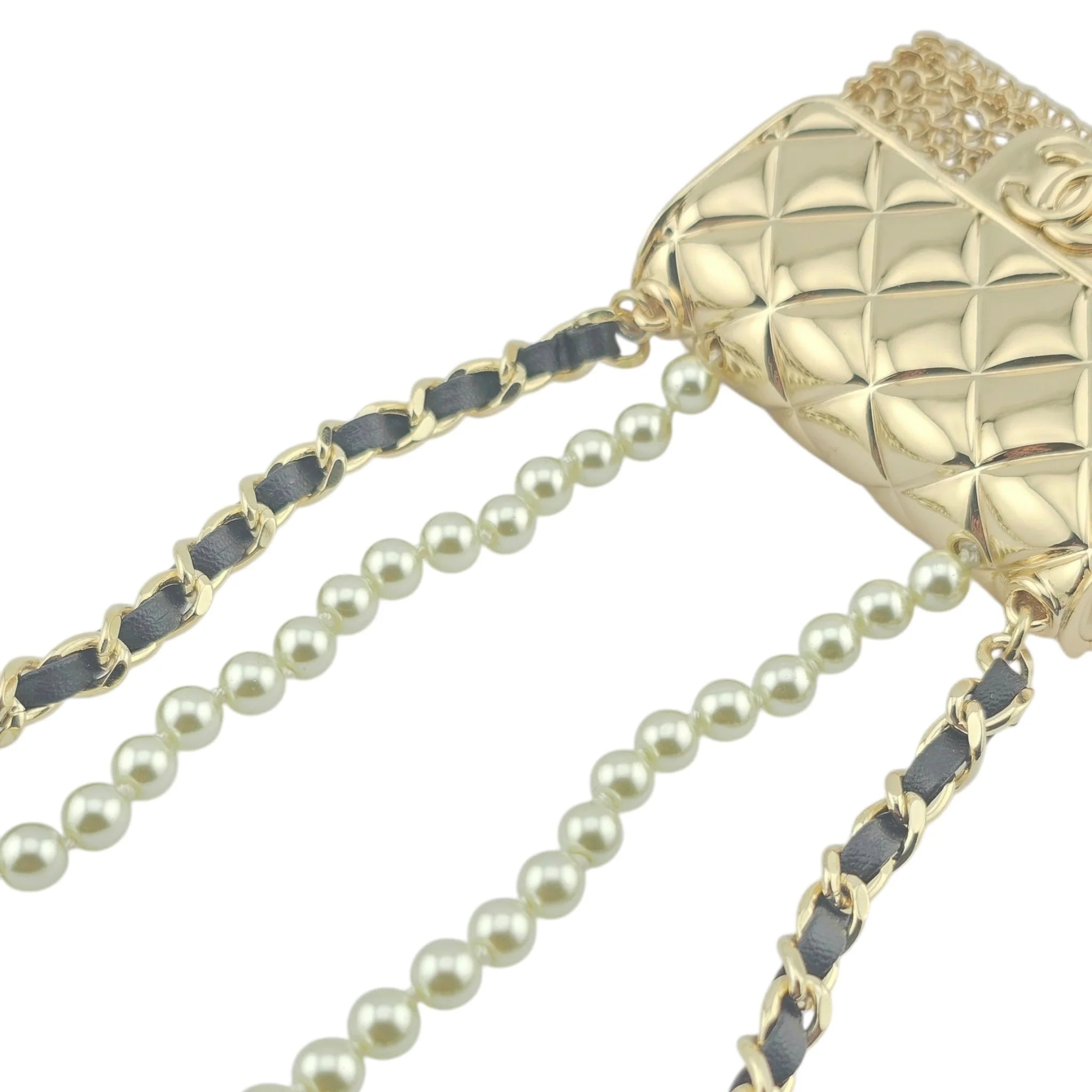 Chanel Flap Bag Pendant Long Necklace Quilted Metal with Lambskin and Faux Pearl CHANEL