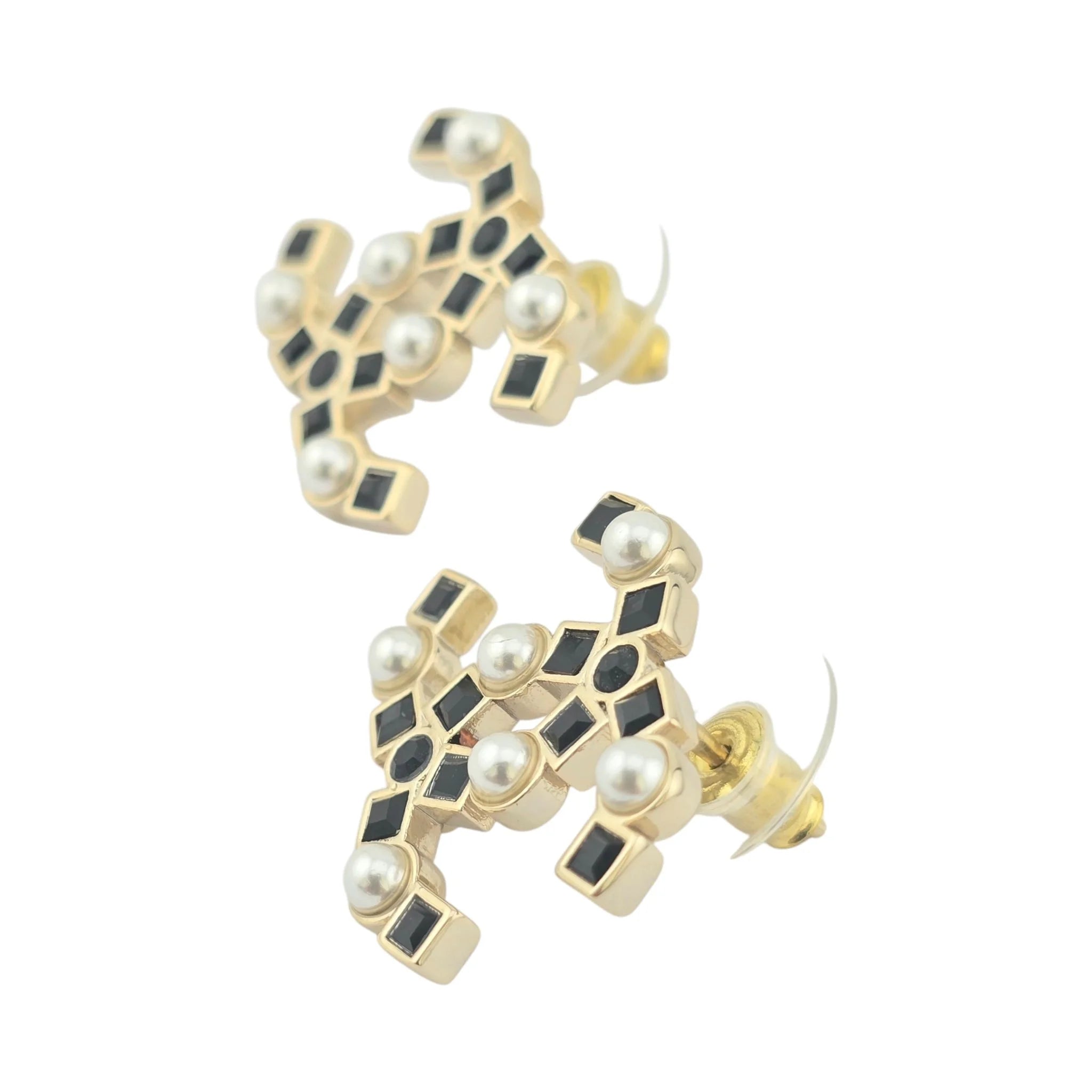 Chanel CC Black Crystal Pearl Stud Earrings 22P CHANEL