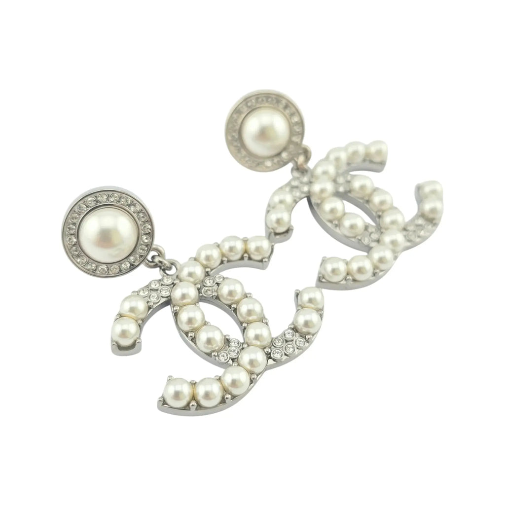 Chanel CC Faux Pearls Crystal Silver Earrings 2021 CHANEL
