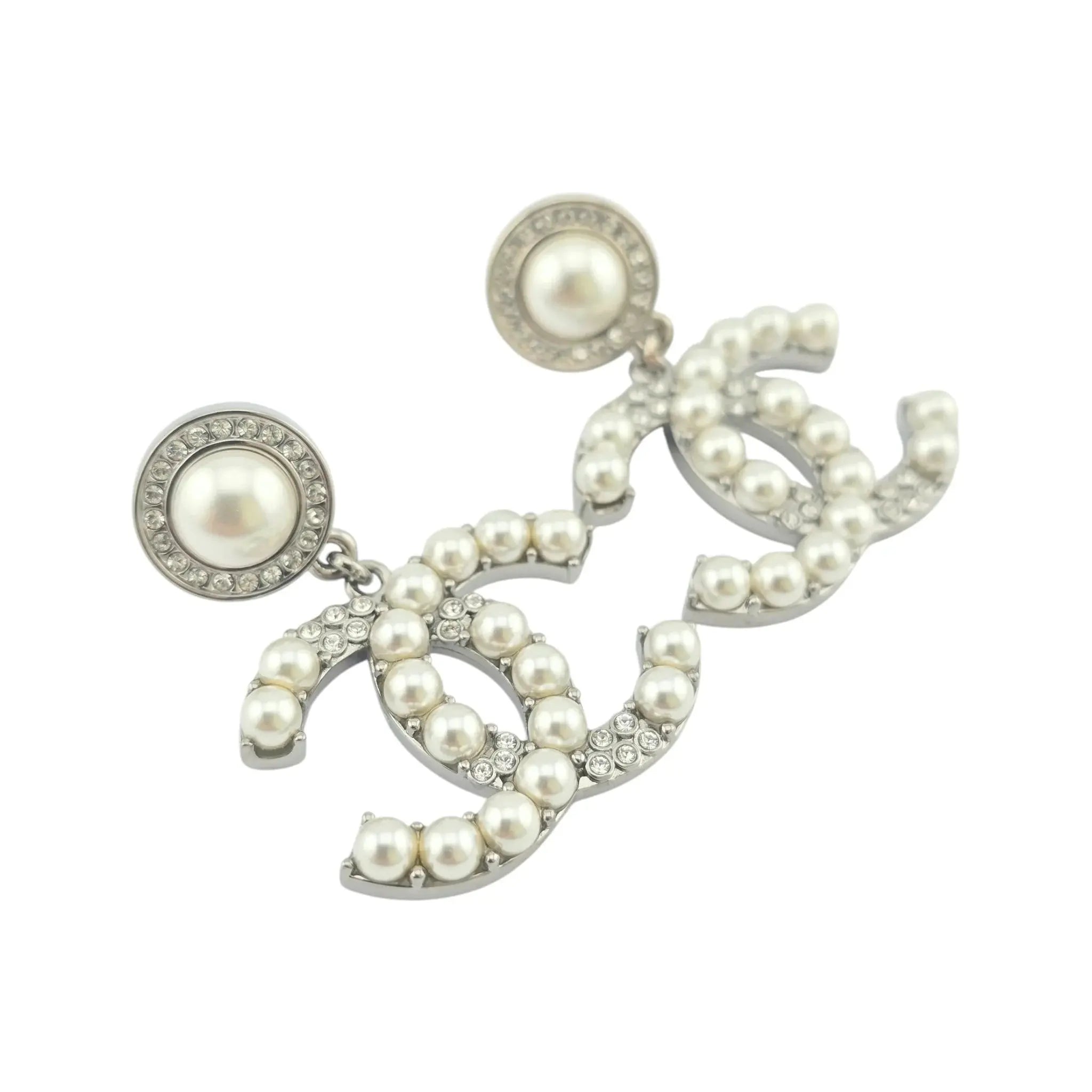 Chanel CC Faux Pearls Crystal Silver Earrings 2021 CHANEL