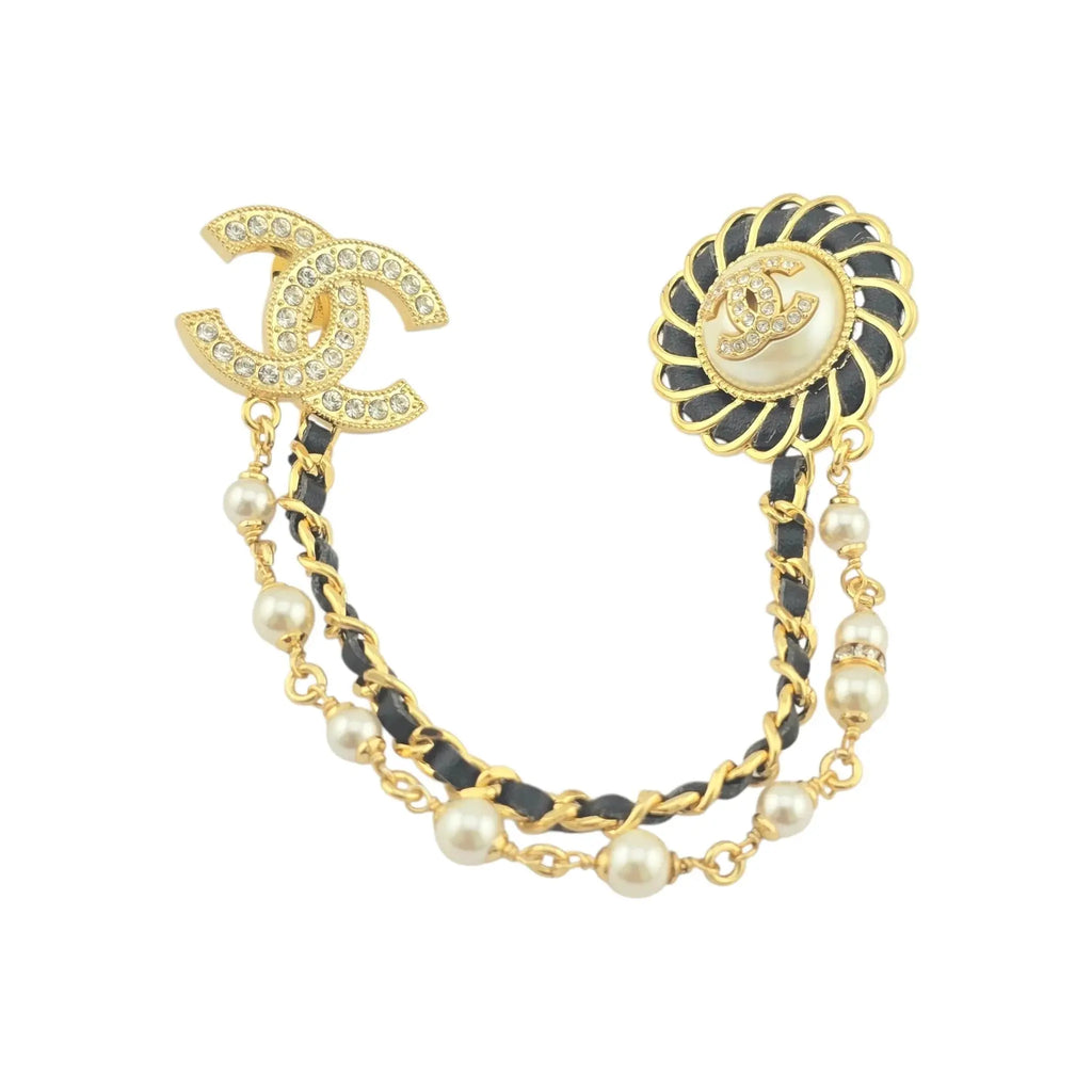 Chanel CC Leather Faux Pearl Crystal Chain Brooch 2024 CHANEL