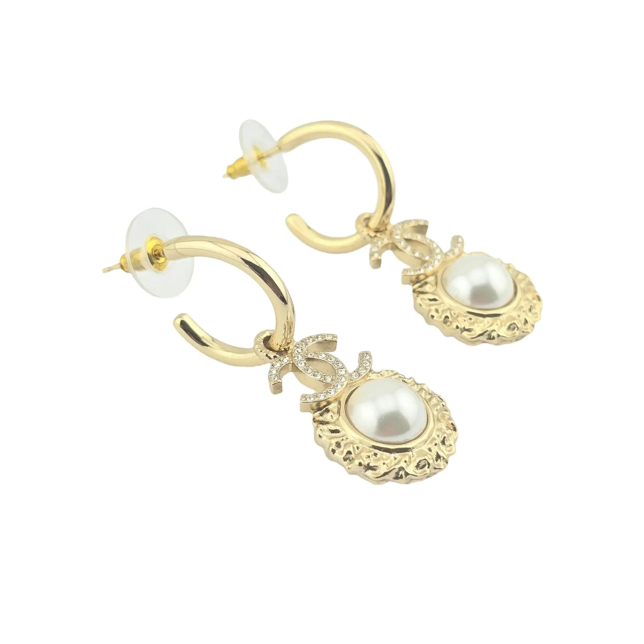 Chanel CC Faux Pearl & Strass Drop Hoop Earrings 2022 CHANEL