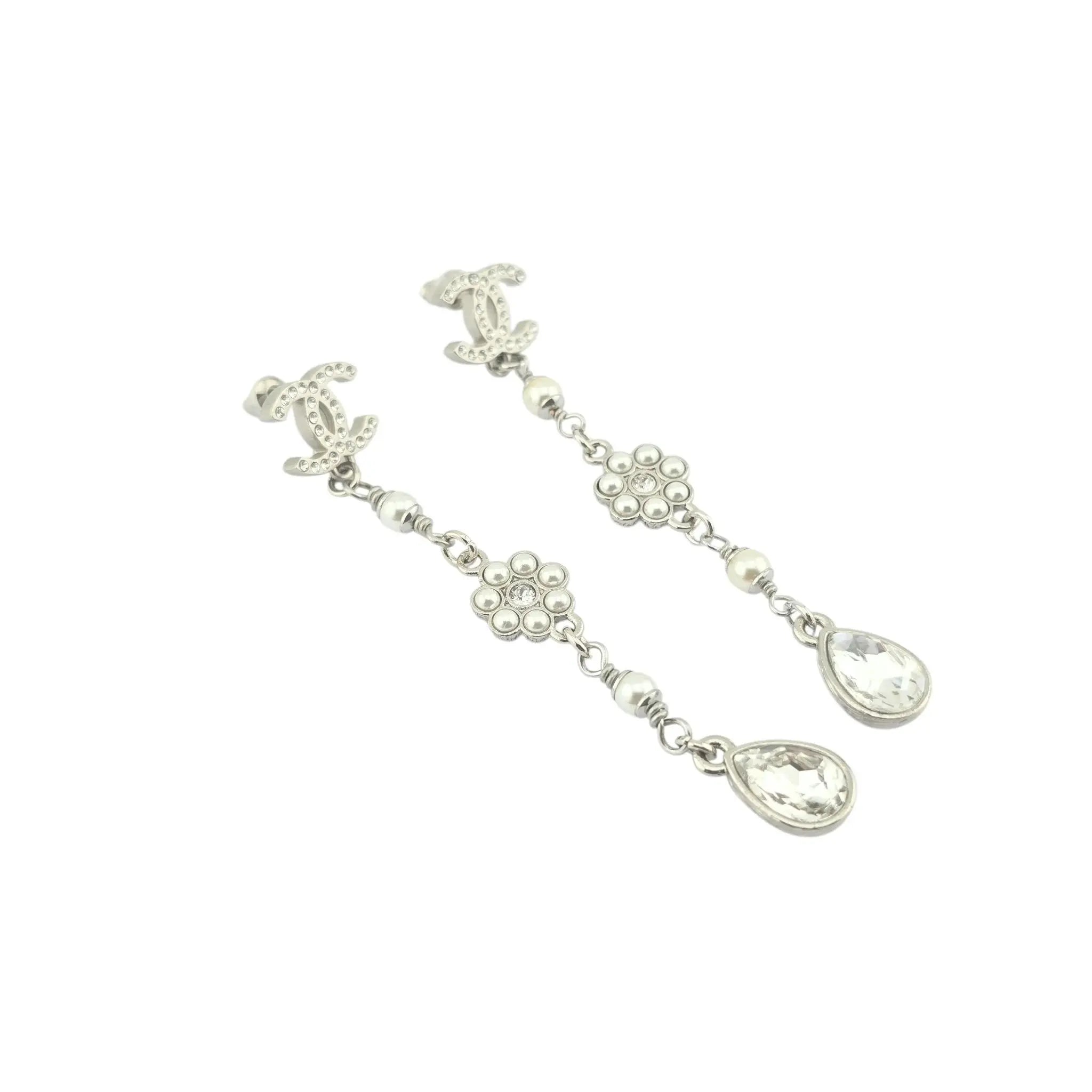 Chanel CC Drop Crystal Faux Pearls Silver Earrings 2020 CHANEL