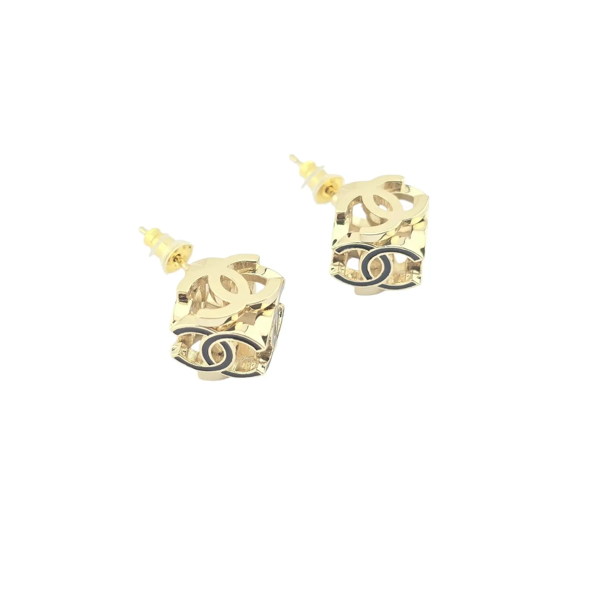 Chanel CC Logo Cube Earrings Black Gold 2022 CHANEL